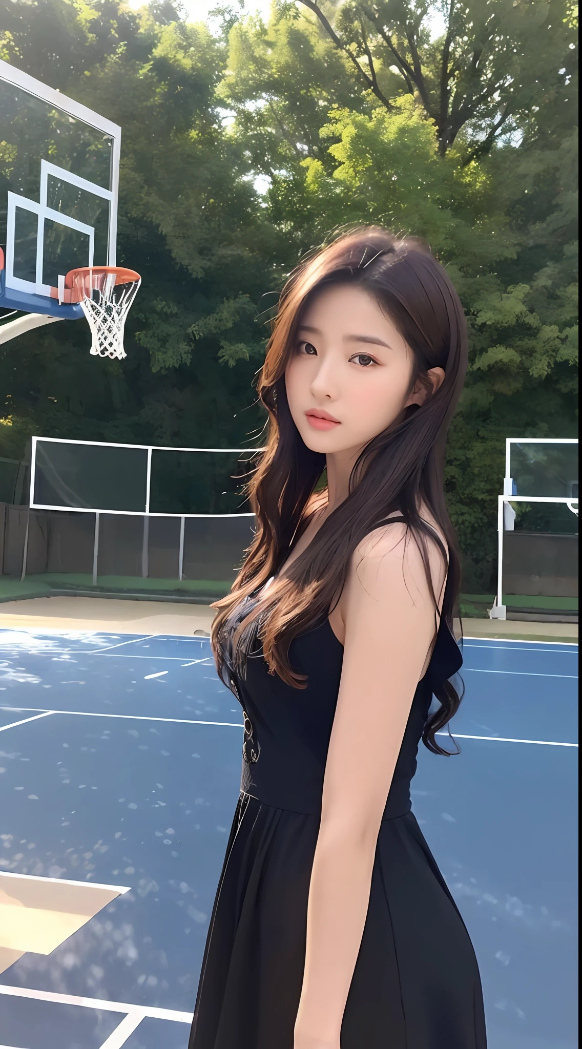 ((Realistic lighting, Bestquality, 8k, MASTERPIECE:1.3)), Sharp Focus:1.2, 1girl, A beauty with a perfect figure:1.4, Slim abs:1.1, ((Dark Brown Hair)), (One Piece Dresses:1.4）,（out door，Daytime：1.1），basketball court，Ultra-fine face，Fine eyes，Double eyelidd，