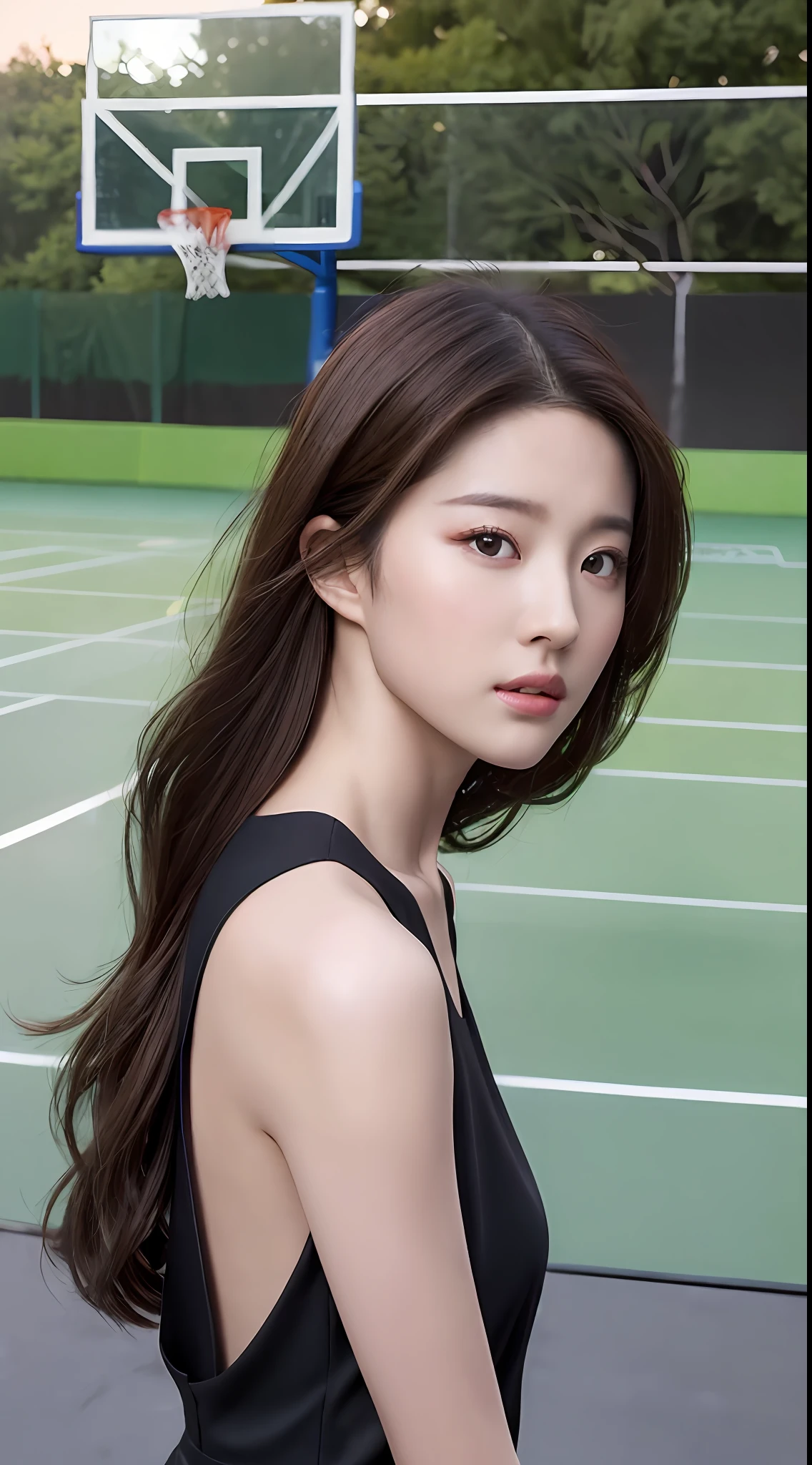 ((Realistic lighting, Bestquality, 8k, MASTERPIECE:1.3)), Sharp Focus:1.2, 1girl, A beauty with a perfect figure:1.4, Slim abs:1.1, ((Dark Brown Hair)), (One Piece Dresses:1.4),(out door,Daytime:1.1),basketball court,Ultra-fine face,Fine eyes,Double eyelidd,