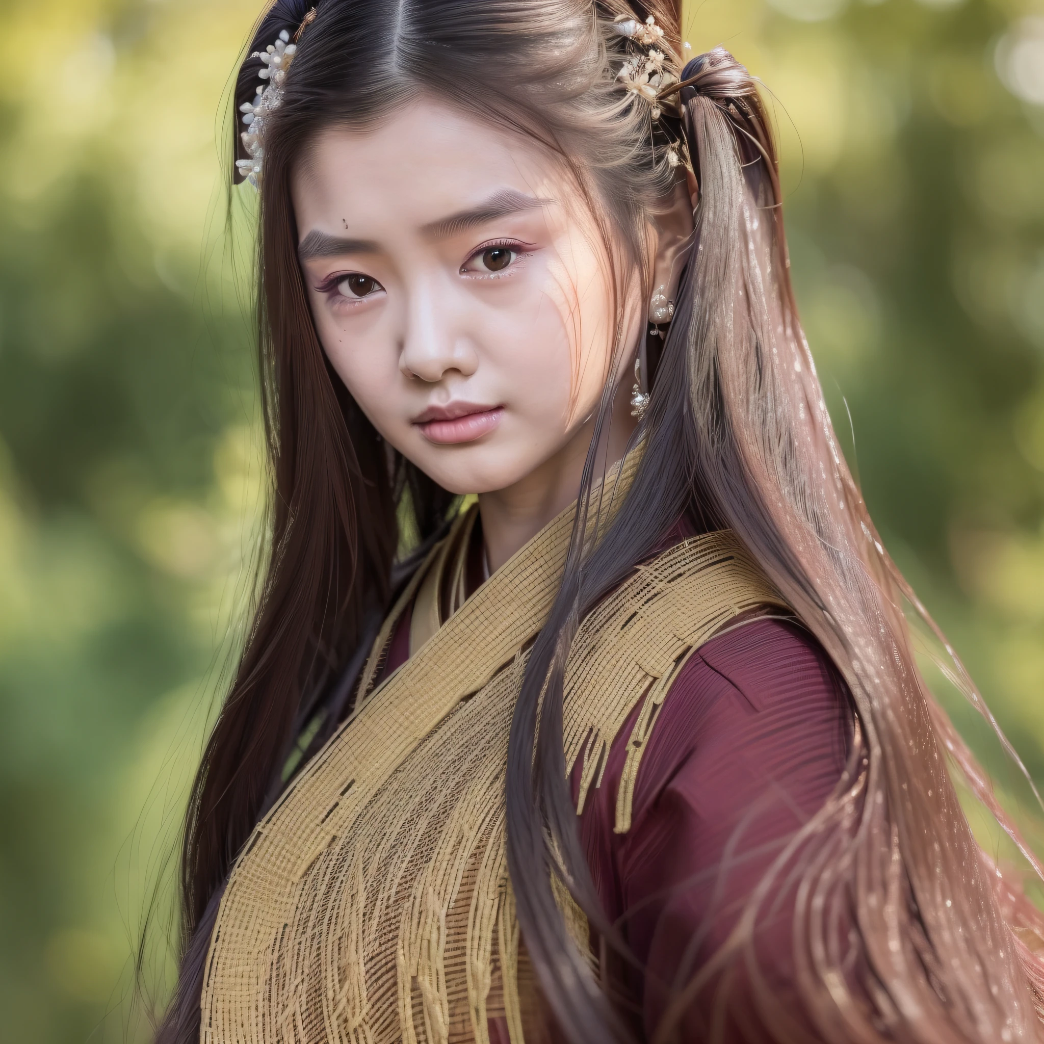 Best quality, masterpiece, ultra high res, RAW photo, (photorealistic:1.4), 1girl, solo, detailed face, long hair, (hanfu, tang style, traditional chinese clothing,  black_hair,blush, long_hair, (looking at camera:1.6),(narrow waist:1.2), perfect skin, palace background, bokeh, beautiful lighting, model posing