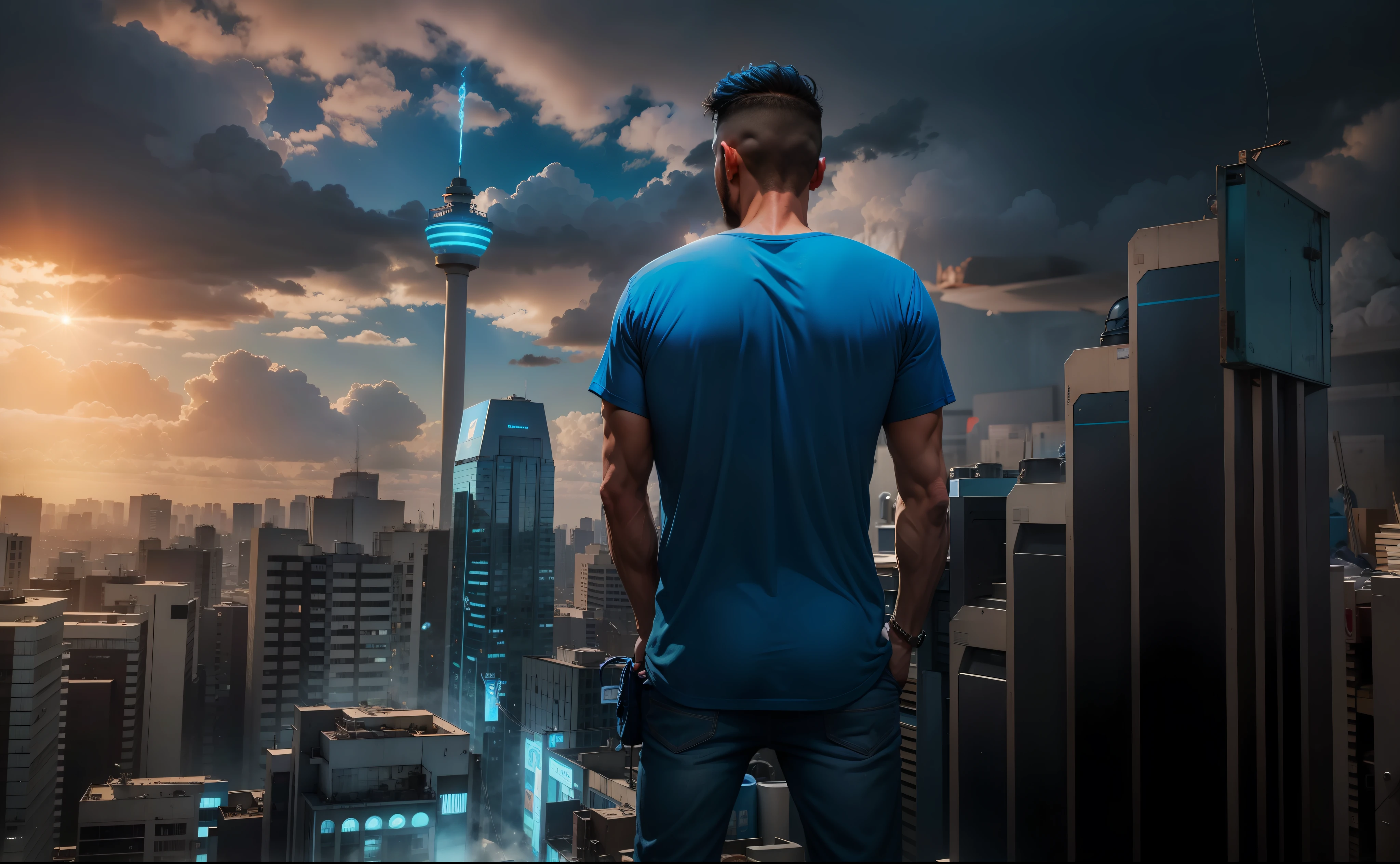 Homem musculoso com uma camisa azul