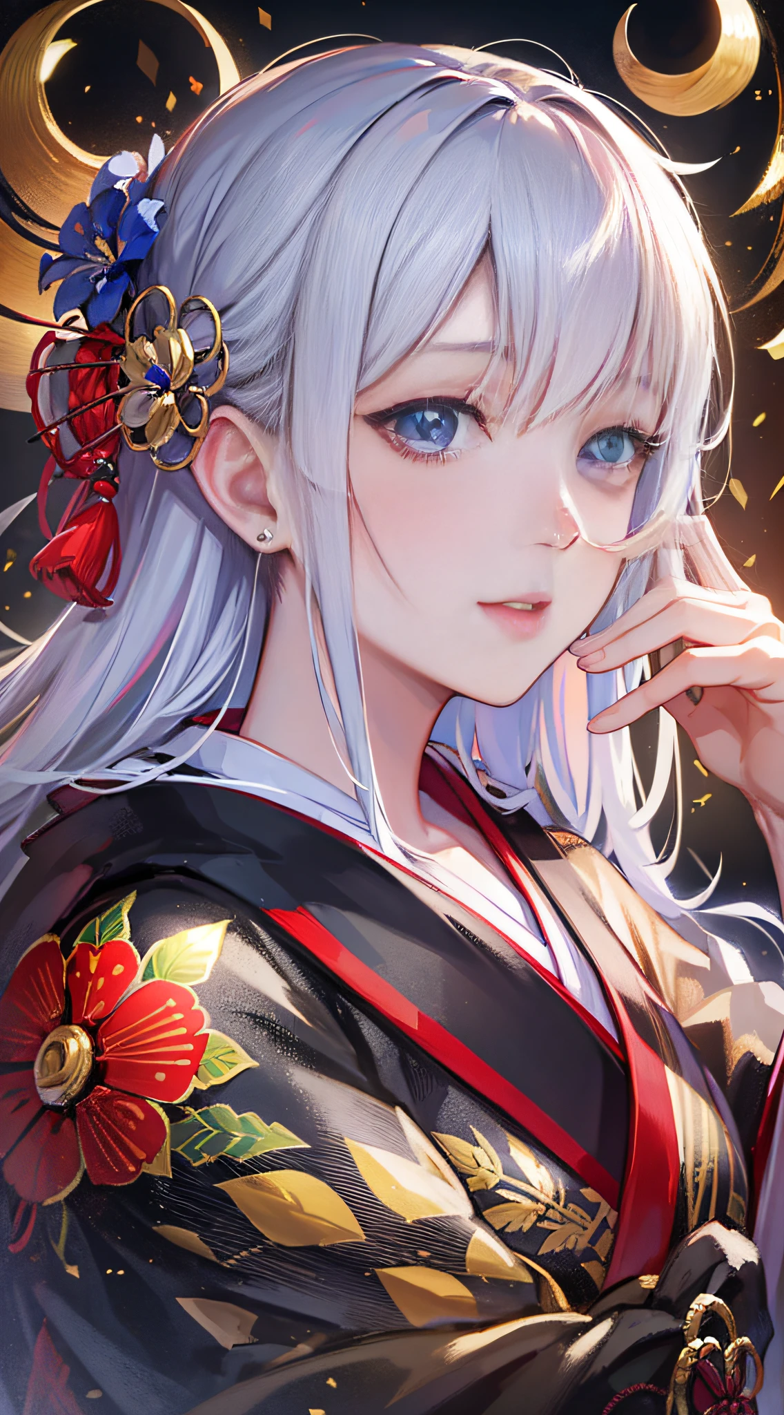 (masterpiece, sidelighting, finely detailed beautiful eyes: 1.2), masterpiece*portrait, realistic, 3d face, glowing eyes, shiny hair, shiny skin, solo, looking at the audience, upper body, kimono, japanese red kimono,