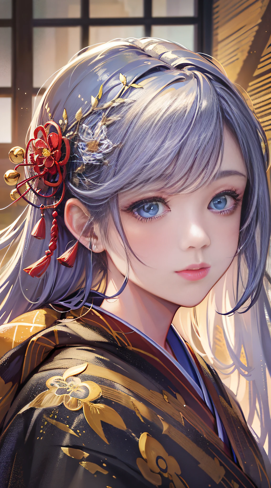 (masterpiece, sidelighting, finely detailed beautiful eyes: 1.2), masterpiece*portrait, realistic, 3d face, glowing eyes, shiny hair, shiny skin, solo, looking at the audience, upper body, kimono, japanese red kimono,