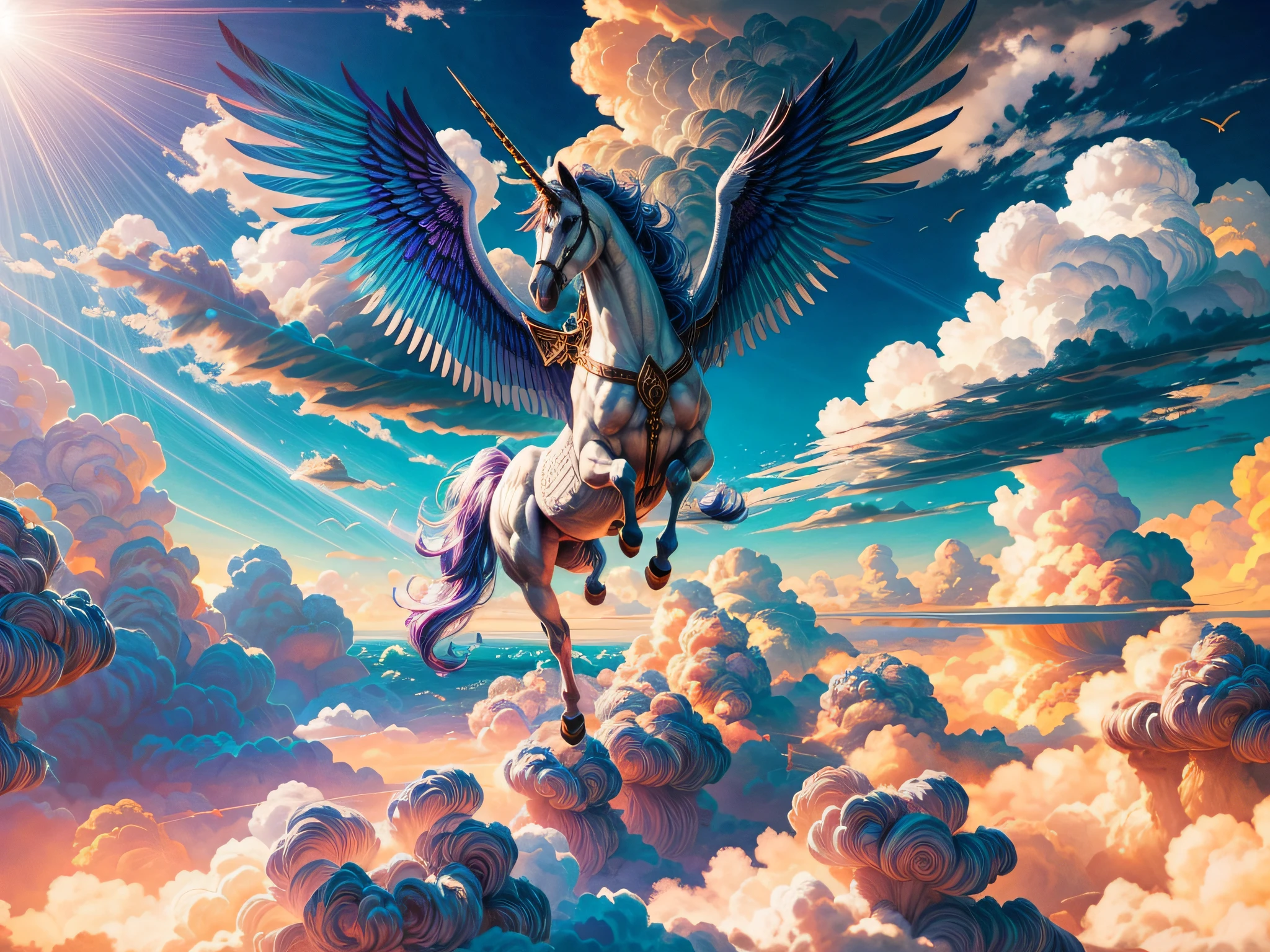 (Unicorns fly through the clouds), ethereal gold irises, tan skin, Gold, blue sky and white clouds, Artstation, aesthetic, gothic, conceptart, dreamy, backlight, fantastical, drop shadow, Smooth,