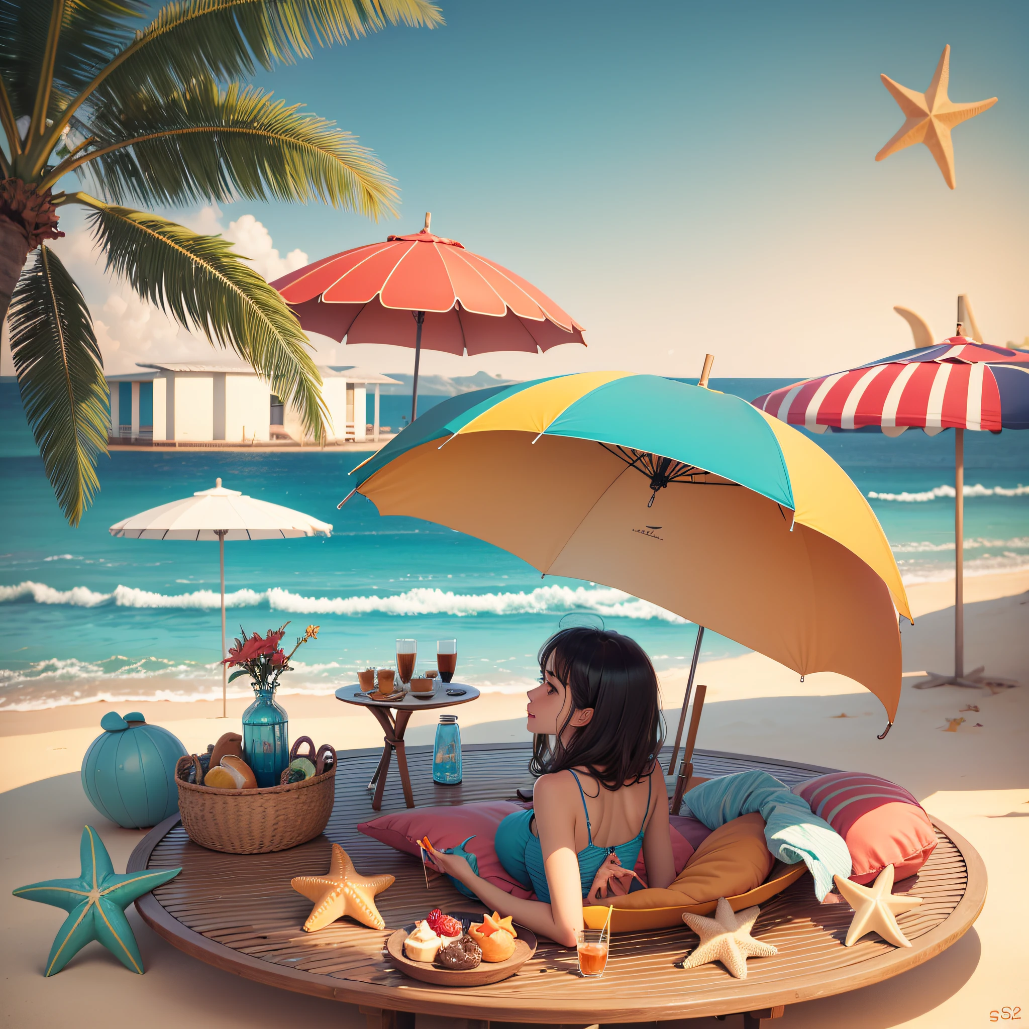 The girl，umbrella，Sun loungers，conch，starfish，dessert，coffee table， --auto --s2