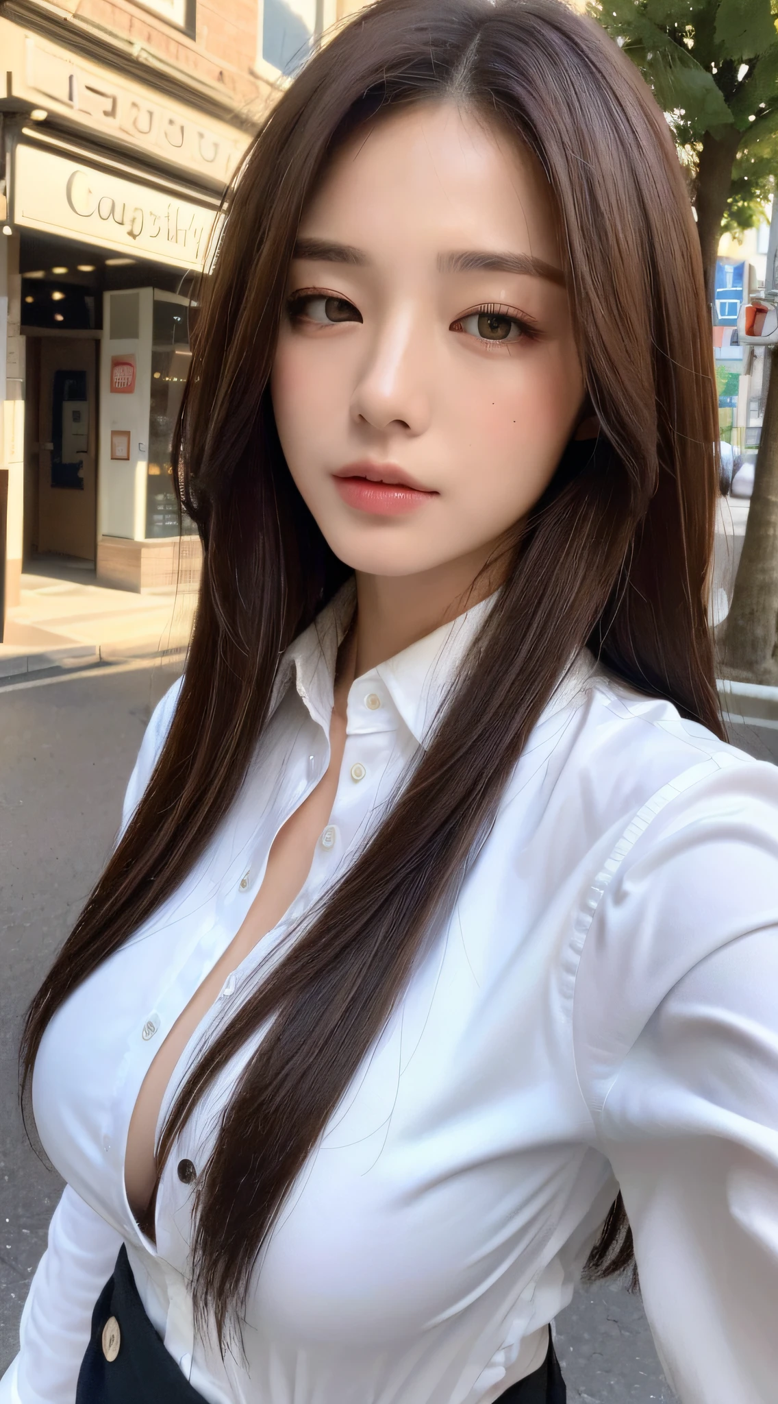 ((Best quality, 8k, Masterpiece :1.3)), Sharp focus :1.2, A pretty woman with perfect figure :1.4, Slender abs :1.2, ((Dark brown hair, Big breasts :1.2)), (White button up long shirt :1.1), City street:1.2, Highly detailed face and skin texture, Detailed eyes, Double eyelid