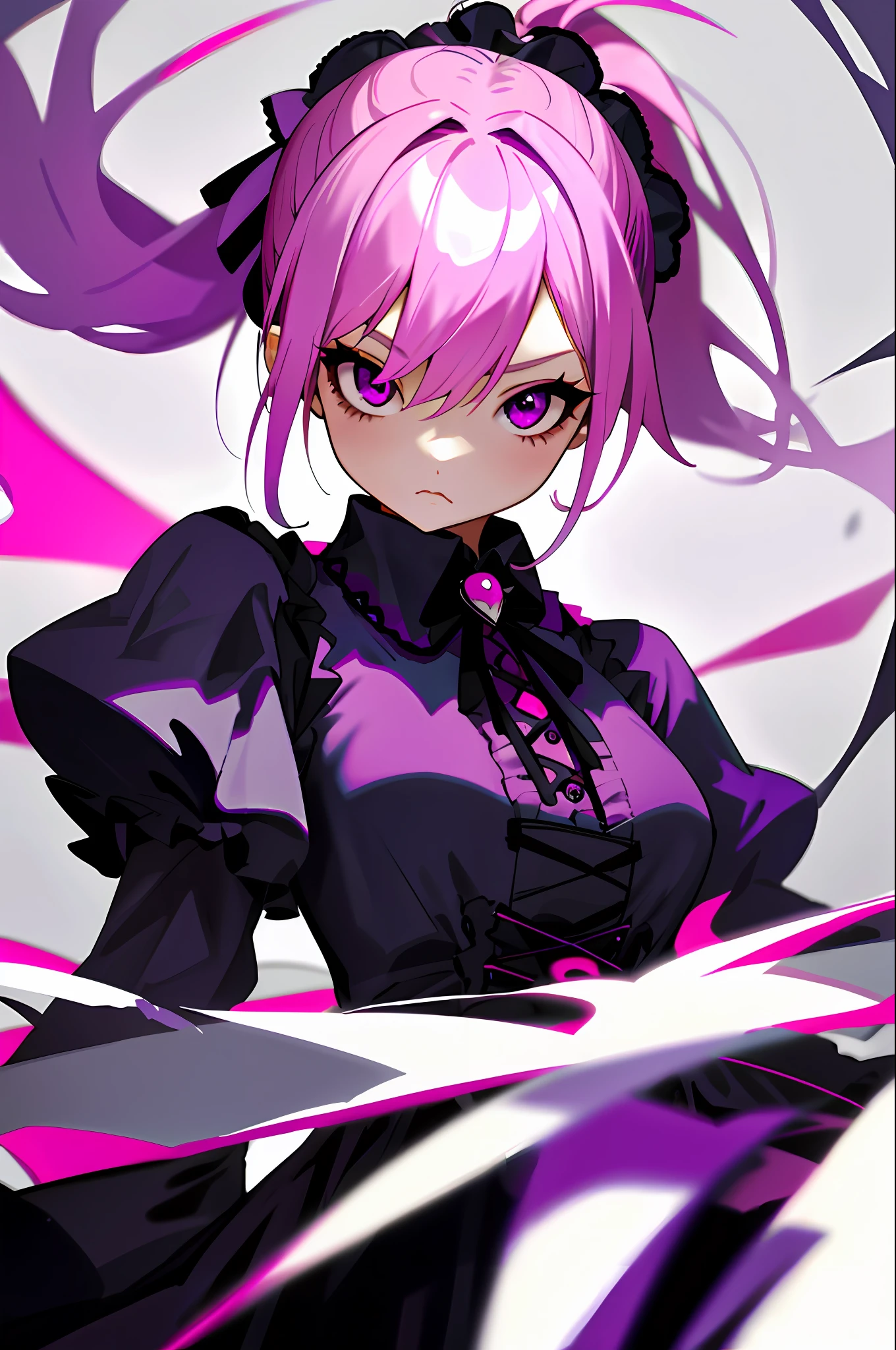 a girl,Pink hair,Short double ponytail,Purple eye,Gothic Lolita,cartoon