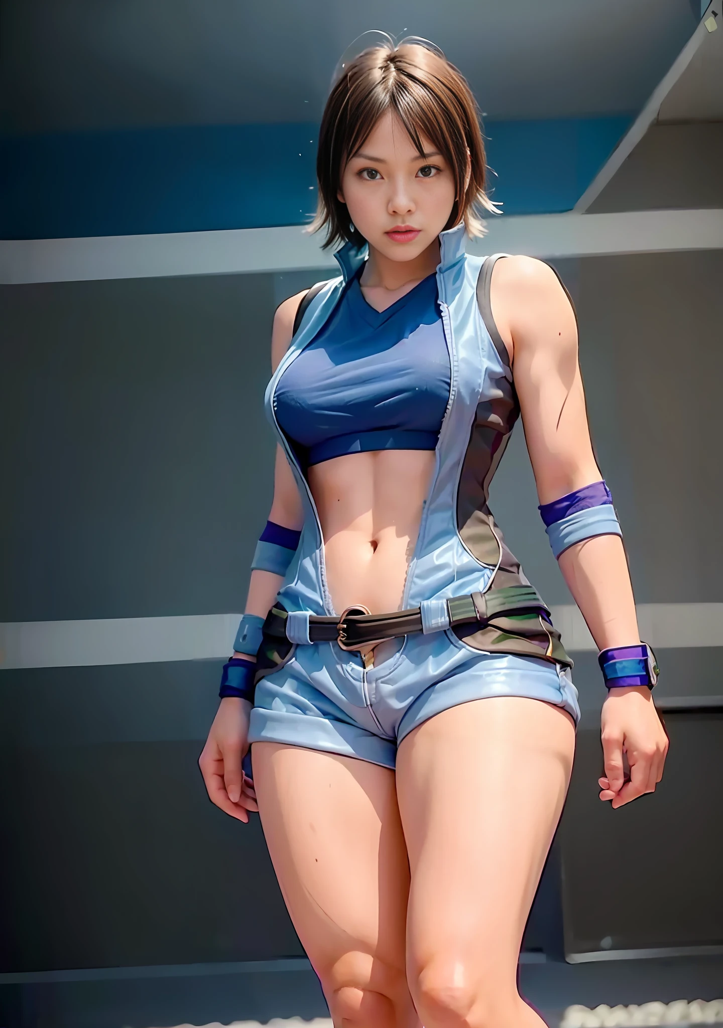 Masterpiece, top quality, official art, highly detailed CG Unity 8K wallpaper, like a schoolgirl, very delicate and beautiful, ultra high resolution, (photorealistic: 1.4), golden hour lighting, (upper body), (platinum shorthair: 0.8), (puffy eyes), looking at the viewer, facing the front, smiling, shirt lift long black hair, (dent on the skin), black eyes(female), 1 person, 25 years old, ((female))), solo, realistic, top quality, photorealistic, masterpiece, 8K, high resolution, solo, highly detailed face, (professional lighting, bokeh), (light particles, lens flares, glowing particles: 0.6), (dynamic pose: 1.2), soft lighting, angle view from below, fashionable and trendy atmosphere, Japan, street, Tokyo, city, ((daytime)), sky, wire cable, ((viewer: 1)), (looking at camera), (portrait: 0.6), cowboy shot, gorgeous, sitting with legs spread, keeping original facial proportions, wide shoulders, full body, (middle chest), (medium hair), brown hair, floating hair, lips, lipstick, seductive smile, floating hair, smile, open mouth, teeth, (white blouse) , (jumper skirt), eyelashes, ((Asuka Kazama, touches the soles of both feet on the floor, opens both legs left and right to show off the crotch))),((Front angle))(Asuka Kazama, touches the soles of both feet on the floor, opens both legs left and right to show off the crotch))),((Front angle, crotch muscle)))