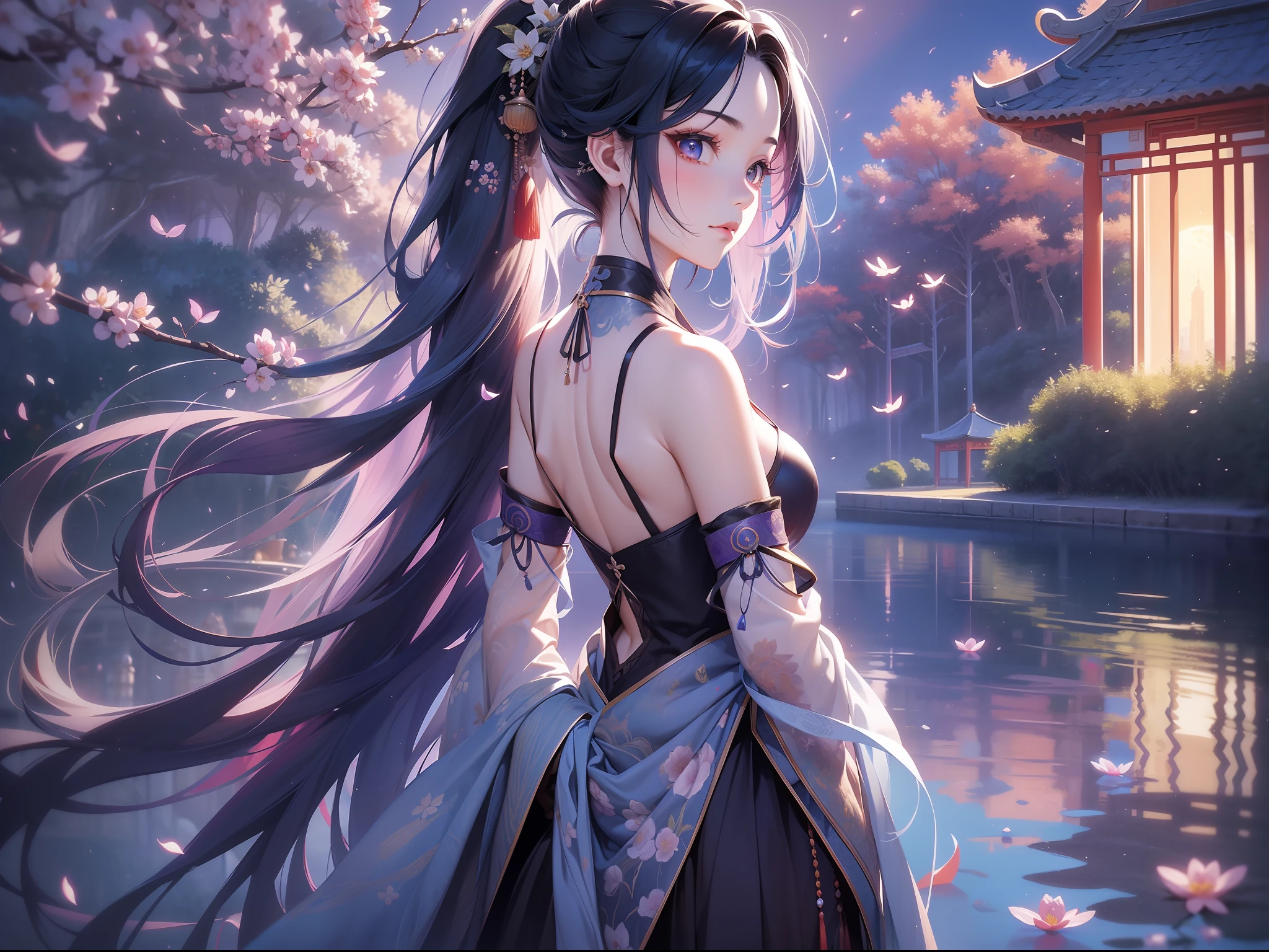 solo, beautiful female, wuxiaworld, Ancient Chinese Articles of Clothing, ancient customs, wind blow, blossom, pond, night, moon relection in the pond, blue hair, purple hair, ponytail, long hair, lonely, gradient hair, black hair, silver hair, long hair, ray tracing, reflection light, depth of field, from behind, panorama, masterpiece, best quality, high details, high quality, ccurate, textured skin, UHD