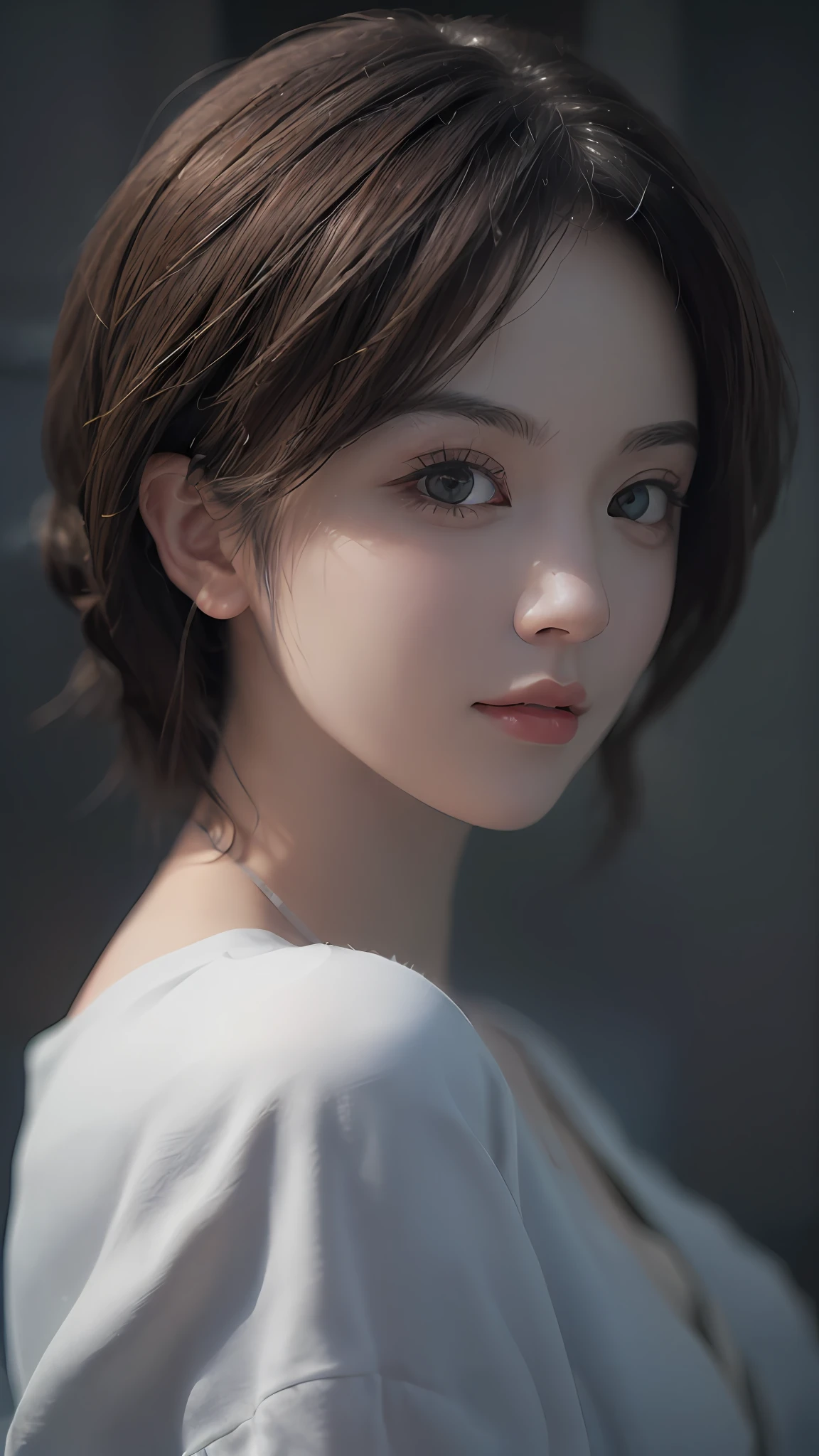 ((Photorealistic, RAW photo, Best quality, Masterpiece :1.3)), A pretty woman, Ulzzang, Short hair, Attractive gaze, Dynamic lighting, Volumetric lighting, Highly detailed face, Detailed hair, Realistic eyes