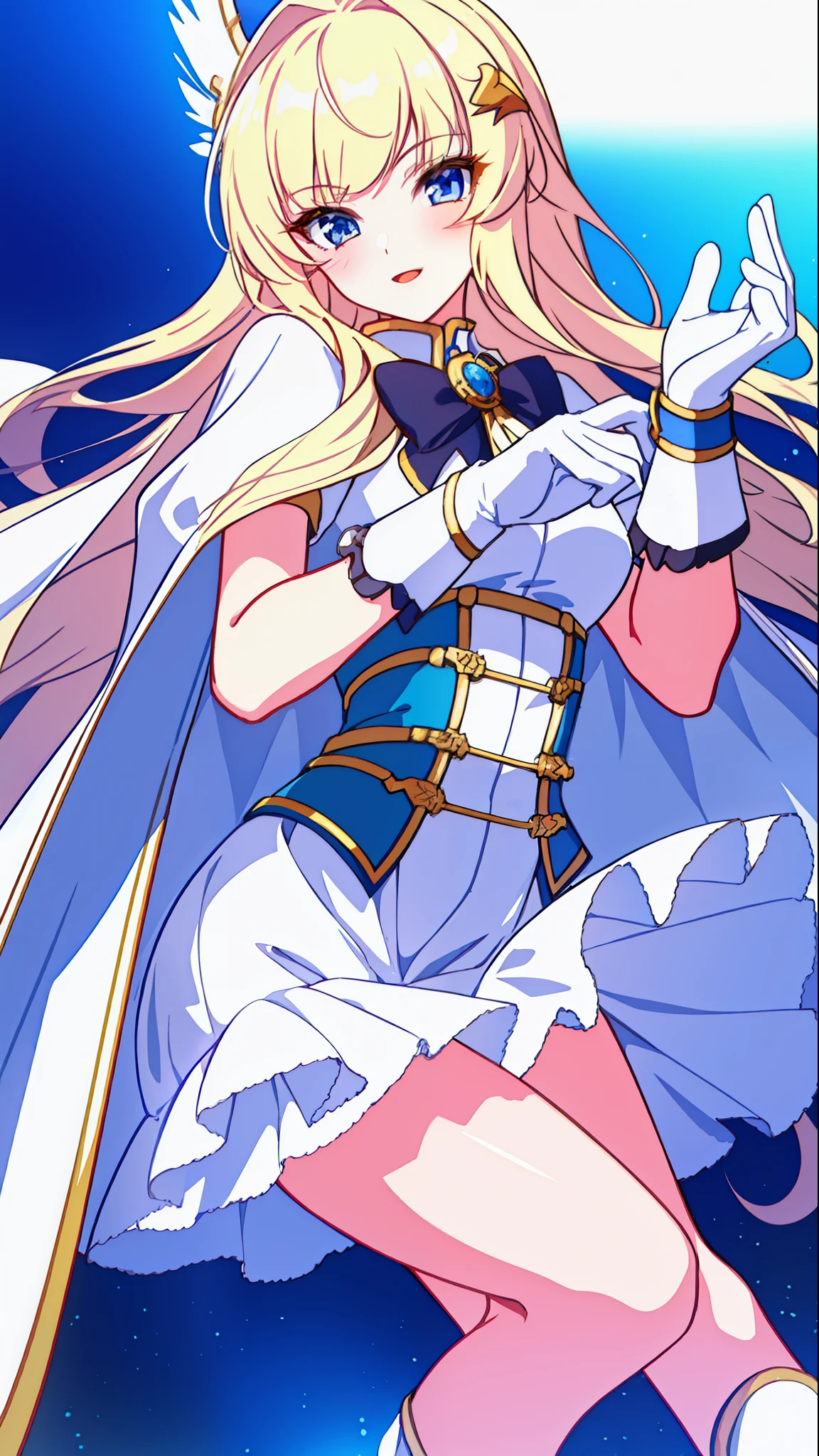 18 years old beautiful girl, masterpiece, top quality, 8K anime, 1 girl, detailed fingers, precise fingers, not unnatural hands, illustration, golden long hair, feather hair ornament, white cloak, white mini skirt with ruffles, white knee socks, white gloves, SAREN,