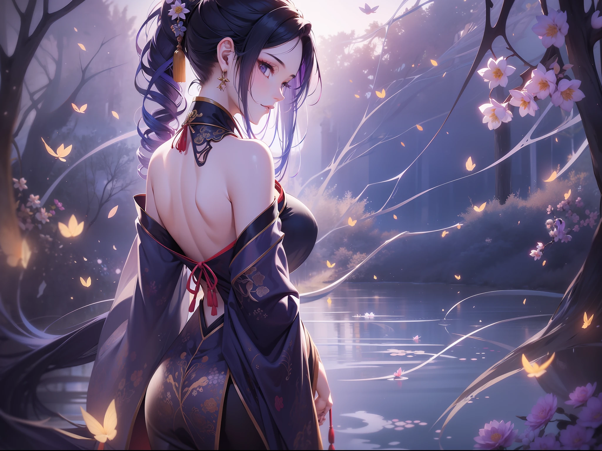 solo, beautiful female, wuxiaworld, Ancient Chinese Articles of Clothing, ancient customs, wind blow, blossom, pond, night, moon relection in the pond, blue hair, purple hair, ponytail, long hair, lonely, gradient hair, black hair, silver hair, long hair, ray tracing, reflection light, depth of field, from behind, panorama, masterpiece, best quality, high details, high quality, ccurate, textured skin, UHD