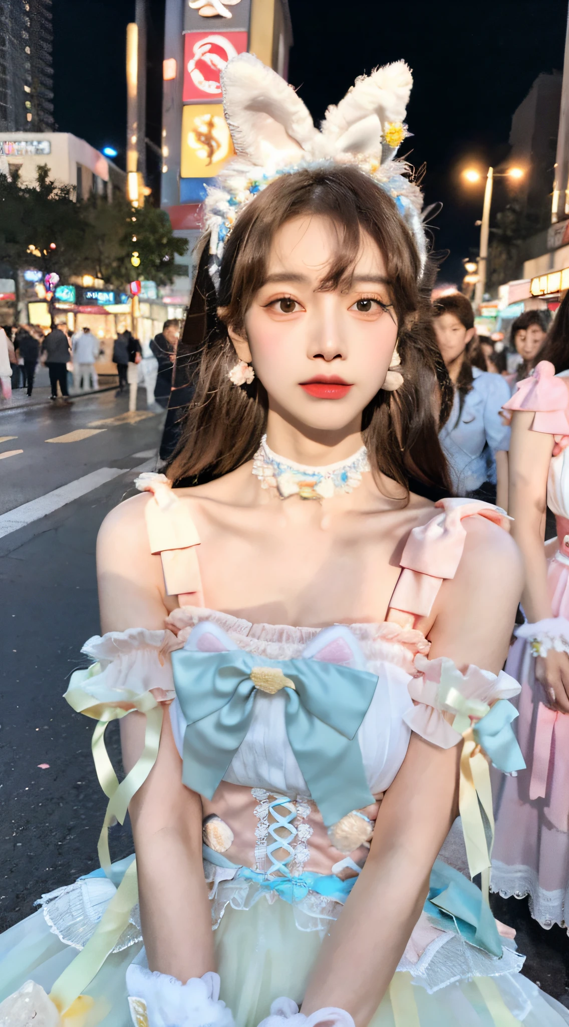 Bestquality，MASTERPIECE，Super High Resolution，（lifelike：1 girl Girl.4 pcs），RAW Photos，（Evening Street），1 girl girl girl，dark eyes，looks at the viewer，long long hair，Light makeup，Lips，Small ears，earings，Sit in Ferrari,big chest，slender,sweet_lolita，fulllllbody，Bow,MASTERPIECE， Bestquality， on street， NIGHT、， Neon Light， Front View， standding， In the crowd，