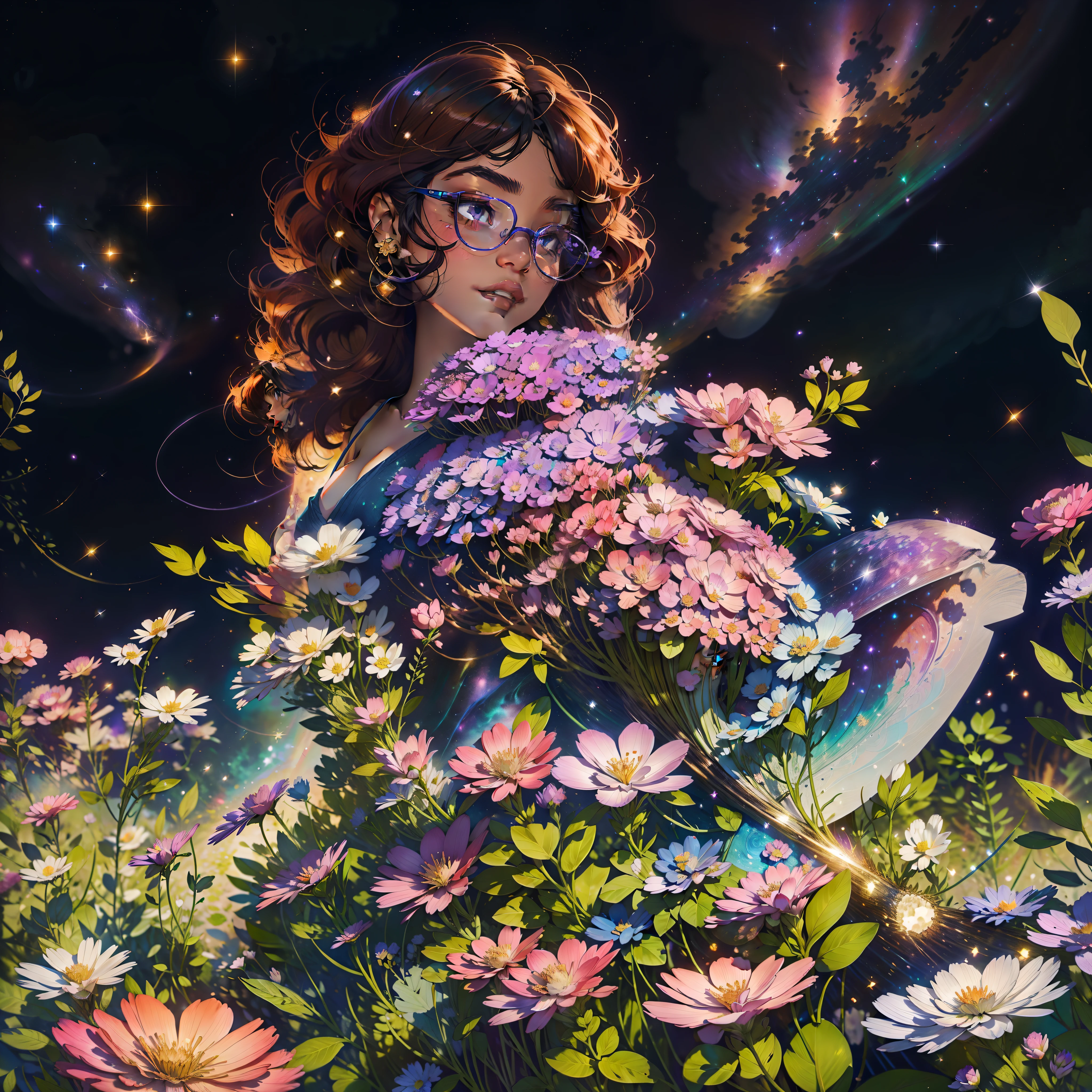 Under the starry sky, A brunette woman with curly hair walks in a magical clearing, where resplendent flowers rise from the ground with glowing petals in shades of violet, pink and electric blue. His gentle touch makes the flowers bloom even more, emanando um aroma doce e celestial. Cada passo seu deixa um rastro brilhante, leaving the impression that nature itself celebrates it with a spectacle of enchanting colors.