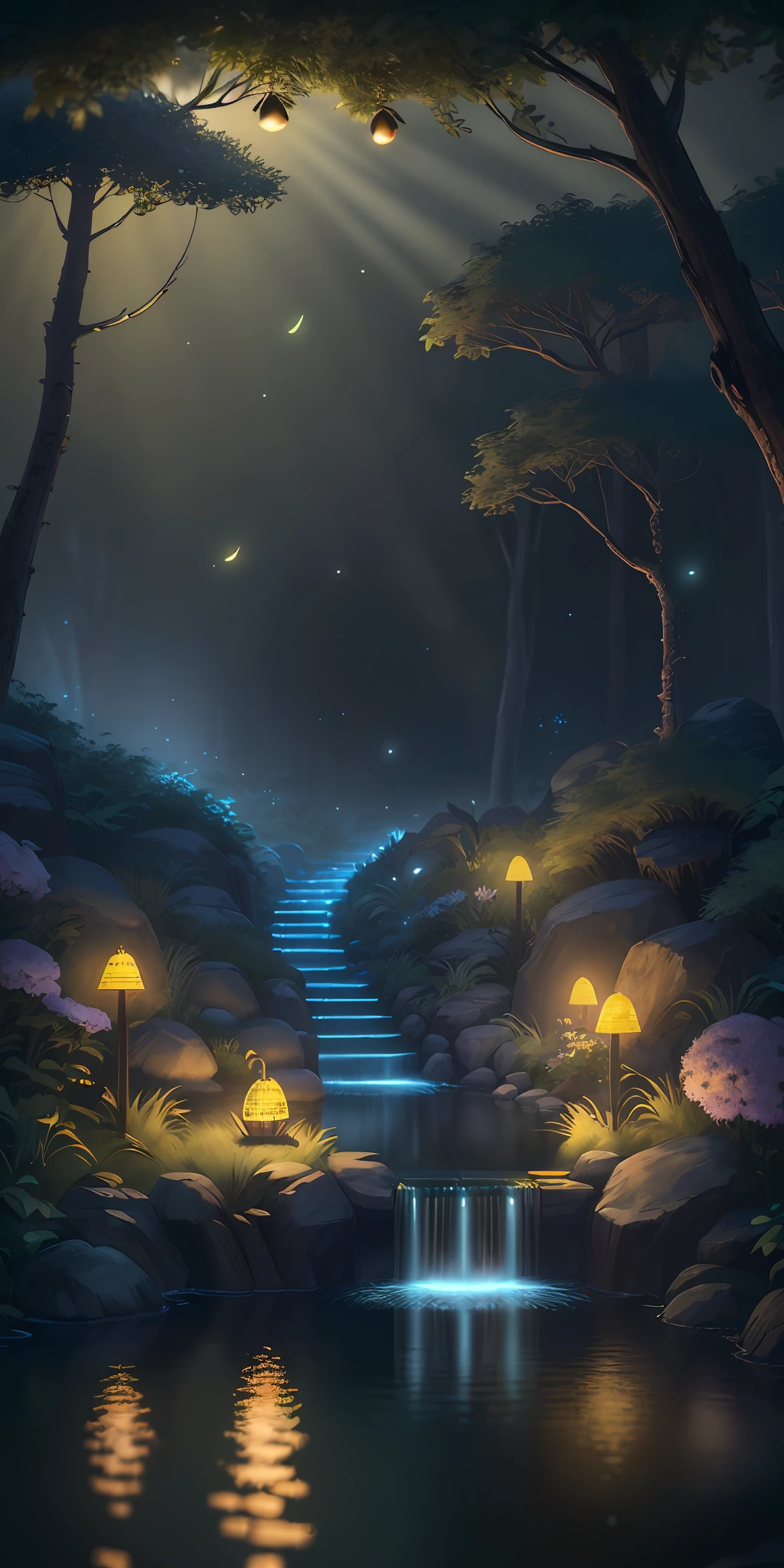 Masterpiece, best quality, (very detailed CG unity 8k wallpaper), (best quality), (best illustration), (best shadows), glow sprite, with a glowing deer, in the swimming pool Drinking water, natural elements in the forest theme. Mysterious forest, beautiful forest, nature, surrounded by flowers, delicate leaves and branches surrounded by fireflies (natural elements), (jungle theme), (leaves), (twigs), (fireflies), (particle effects) etc. 3D , Octane rendering, ray tracing, super detailed --v6