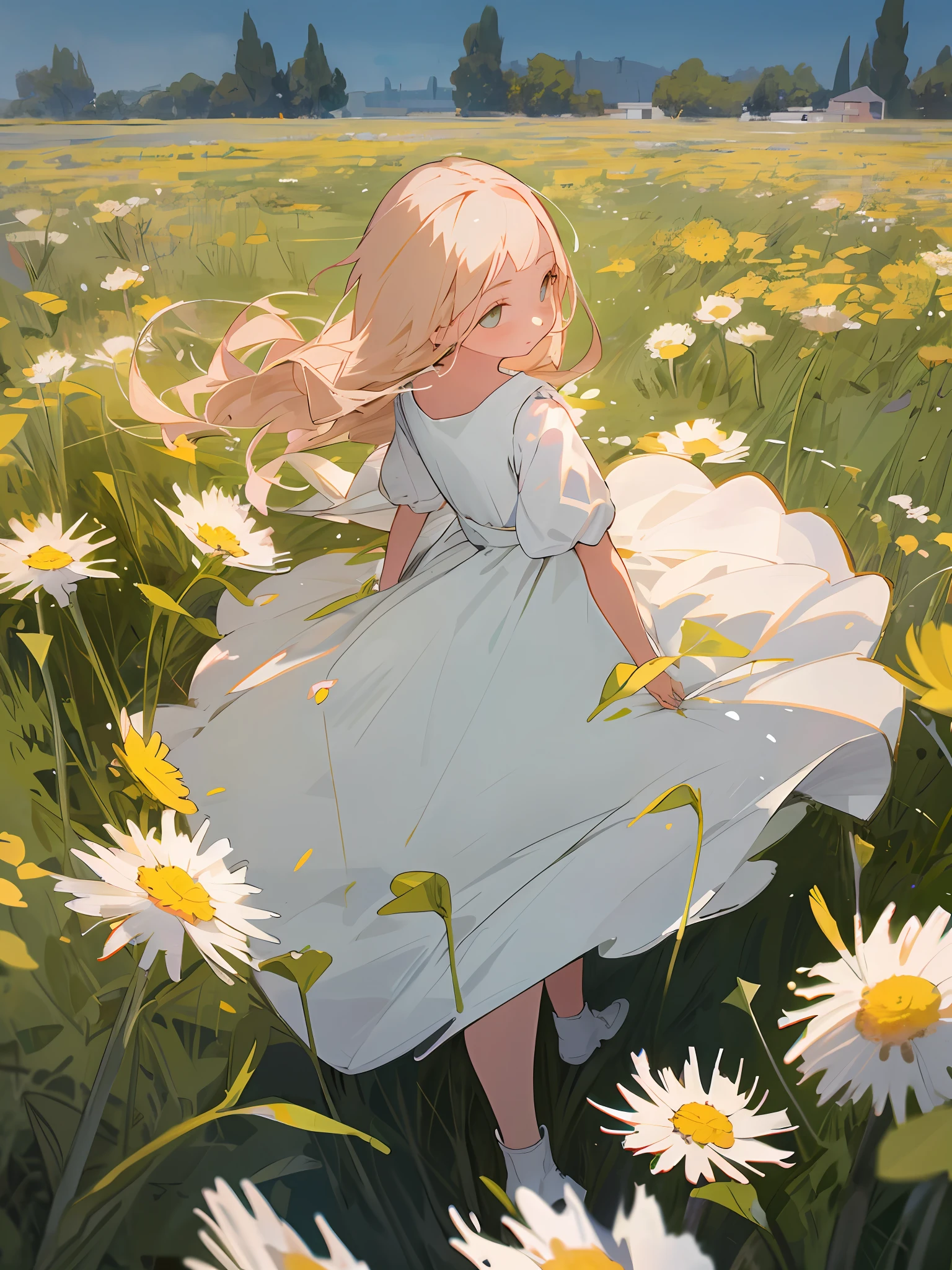 MASTERPIECE，The best quality，One with light-colored hair，Girl in soft clothes，Looking at the girl in the dandelion flower field with no future