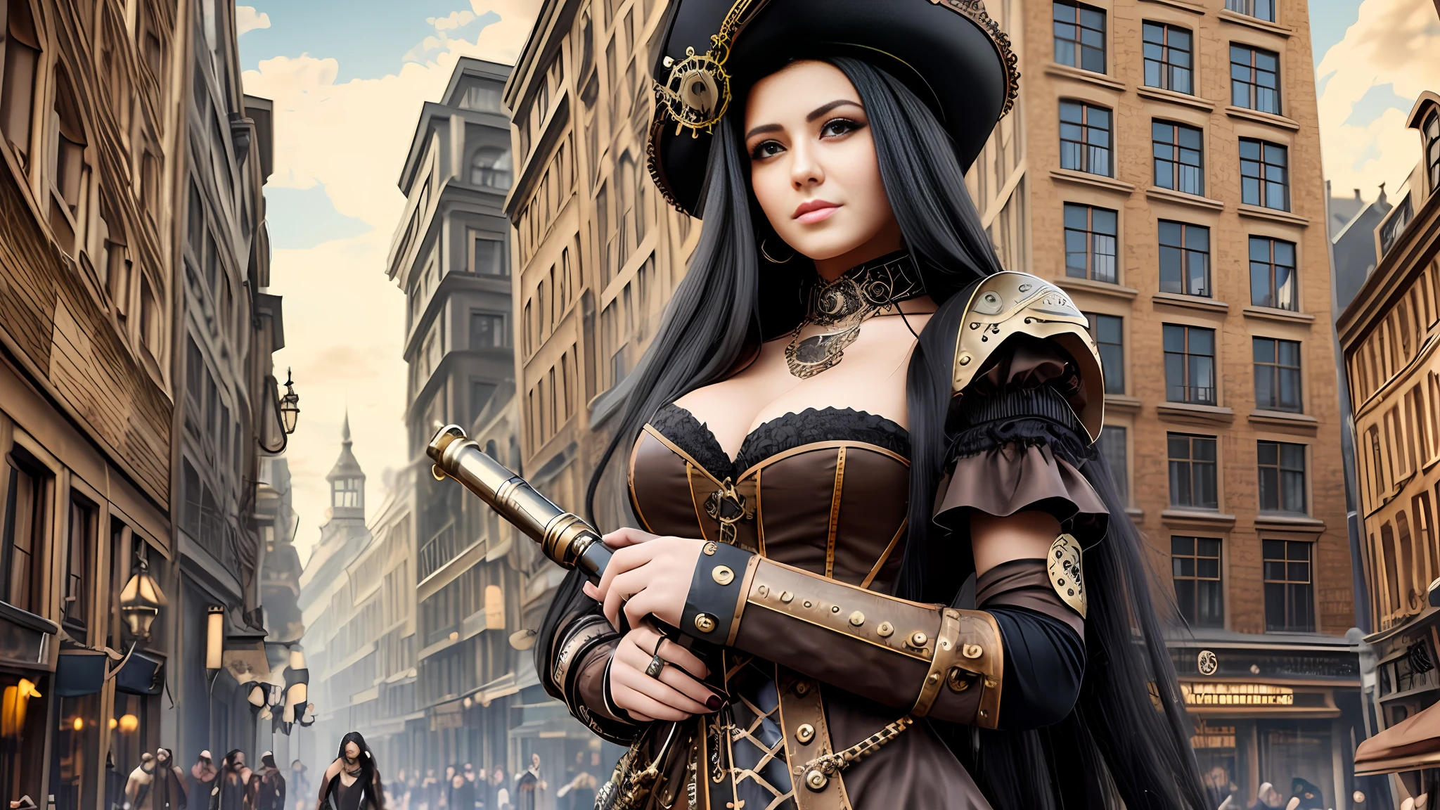 beautiful and sexy woman with long black hair, dressed in steampunk clothing and accessories, realistic skin texture, photorealistic, steampunk city background, --auto --s2