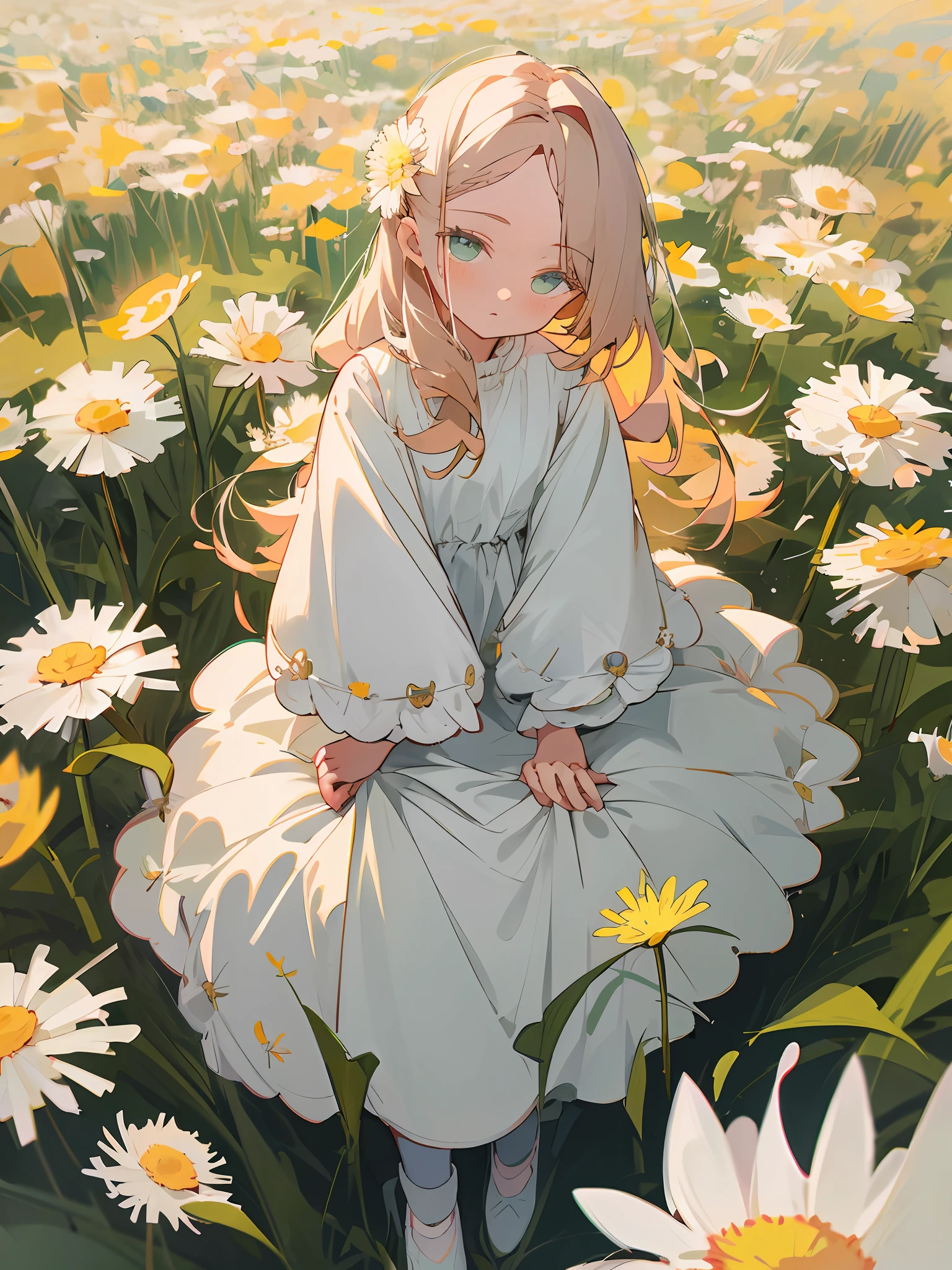MASTERPIECE,The best quality,One with light-colored hair,Girl in soft clothes,Looking at the girl in the dandelion flower field with no future