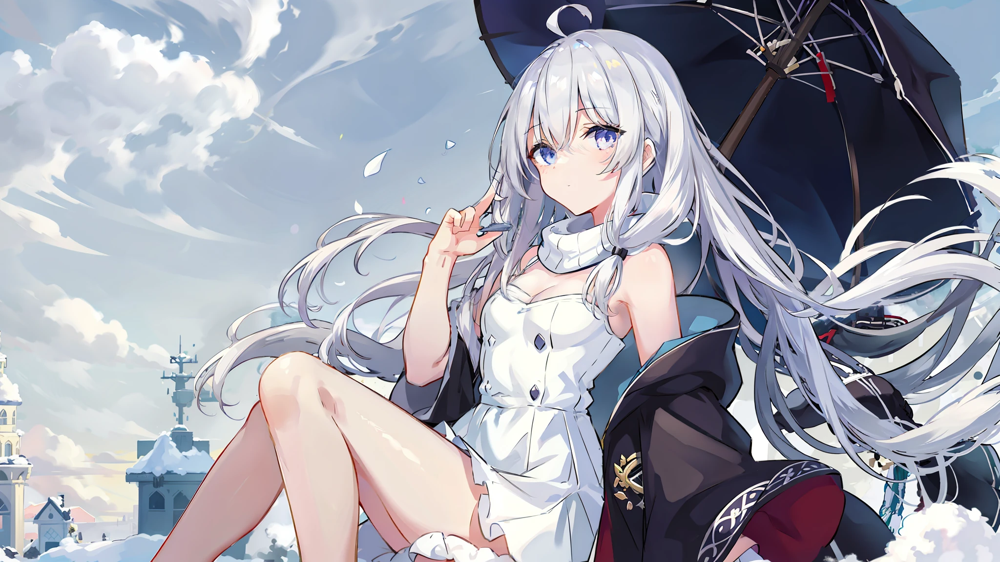 Anime girl sitting on snow，Snowman and umbrella in the background, splash art anime loli, from《azur lane》video game, azur lane style, from girls frontline, anime visual of a cute girl, 《azur lane》role, girls frontline style, top rated on pixiv, finelydetail. girls frontline, winter concept art, the anime girl is crouching