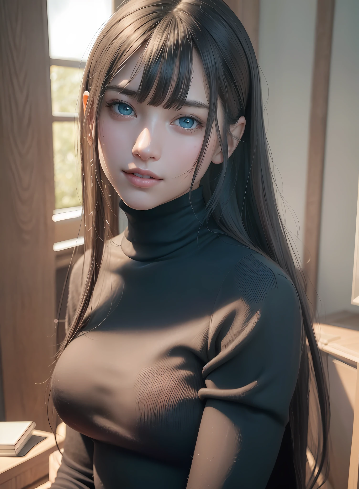 , (RAW Photos: 1.2), (Photorealistic: 1.4), (Complex Details: 1.2), (Masterpiece: 1.3), (Best Quality: 1.4), (Ultra High Definition: 1.2), Cinema Lights, Ultra High Definition, (Eyes), (Facial Details), (Clothing Details), Clothing, Sweaters, Miniskirts, HDR, 8k Resolution, Camera Gaze, Skin Tight, (Glossy Skin), ( slender girl), fantastic, hair ornament, constriction, (extreme detail illustration), bedroom, straight hair, long hair, black hair, light blue eyes, one girl, cute, innocent, (smile), (innocent smile), skinny, indoors, breast, big, boing,