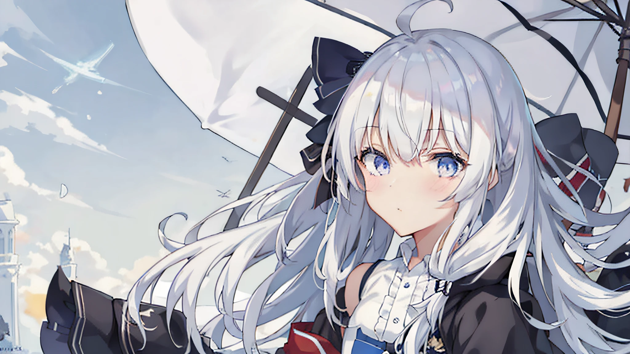 Anime girl sitting on snow，Snowman and umbrella in the background, splash art anime loli, from《azur lane》video game, azur lane style, from girls frontline, anime visual of a cute girl, 《azur lane》role, girls frontline style, top rated on pixiv, finelydetail. girls frontline, winter concept art, the anime girl is crouching