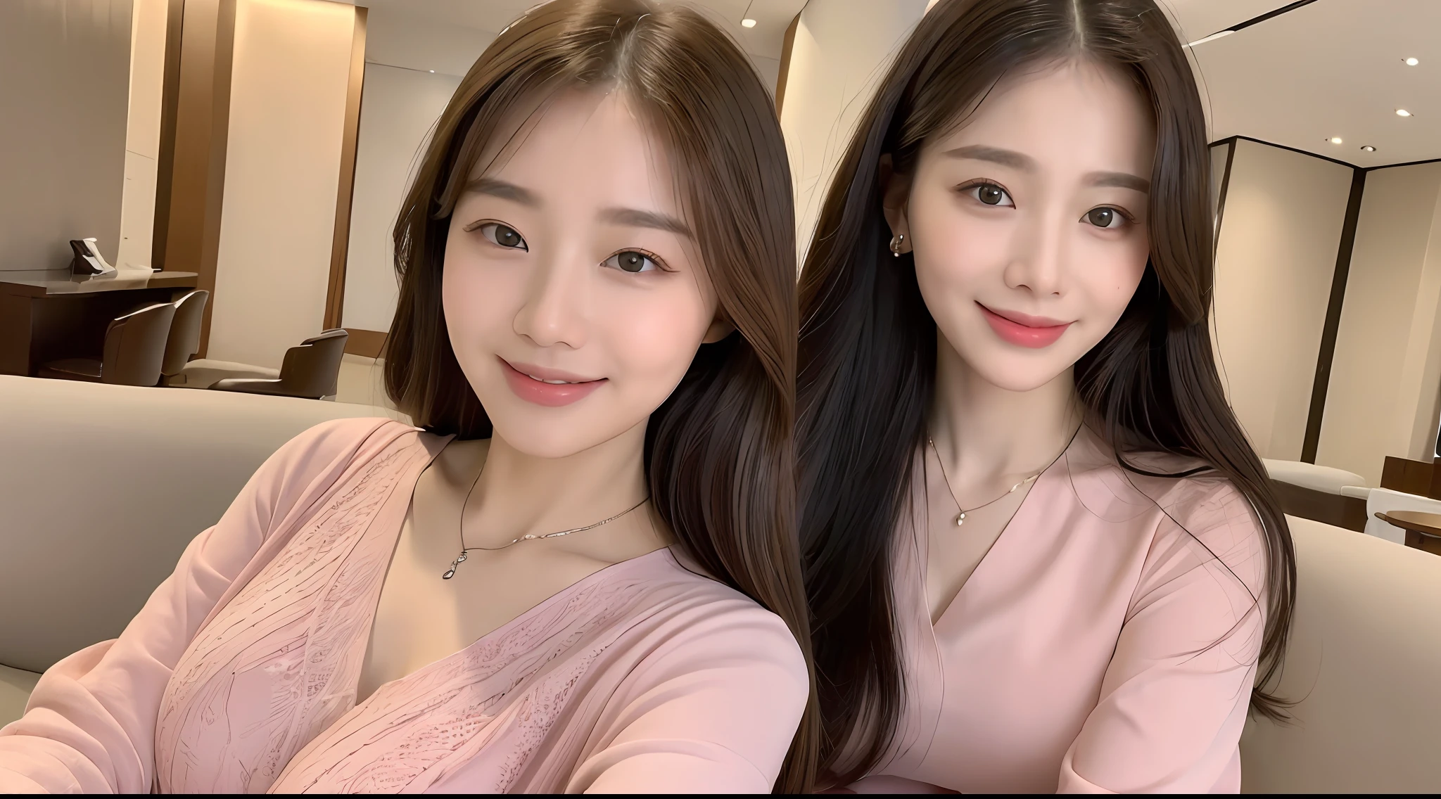 ((BEST QUALITY、8ｋ、A Masterpiece:1.3))、focus:1.2、Perfect Body Beauty:1.4、((Delicate long hair))、(Pink Ruili Clothing:1.1)、(Hotel lobby、On the sofa４Man Woman、Very detailed face and skin texture、Fine eyes、Double eyelidd、Big Boobs、Whitened skin、smiling smile、Wearing a necklace、Delicate clothing、