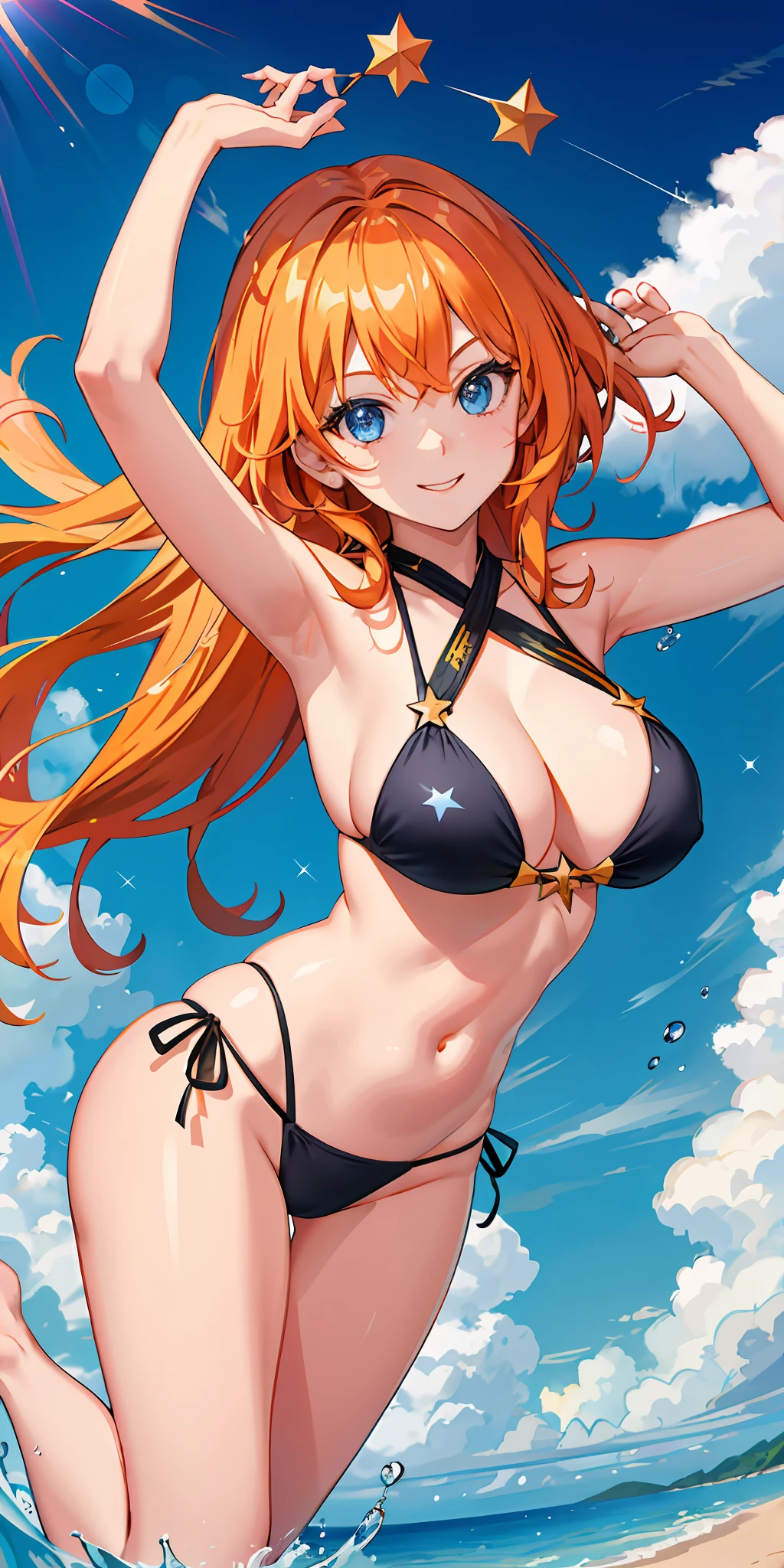 a 1girl、Bright、Orange hair、Star motif、multicoloured hair、Blue eyes、Sareme、Mask on the head、Sidelight、Particles of light、wallpapers、Big Boobs、Idol、bswimsuit、Loose fluffy、quiet、smiling smile
