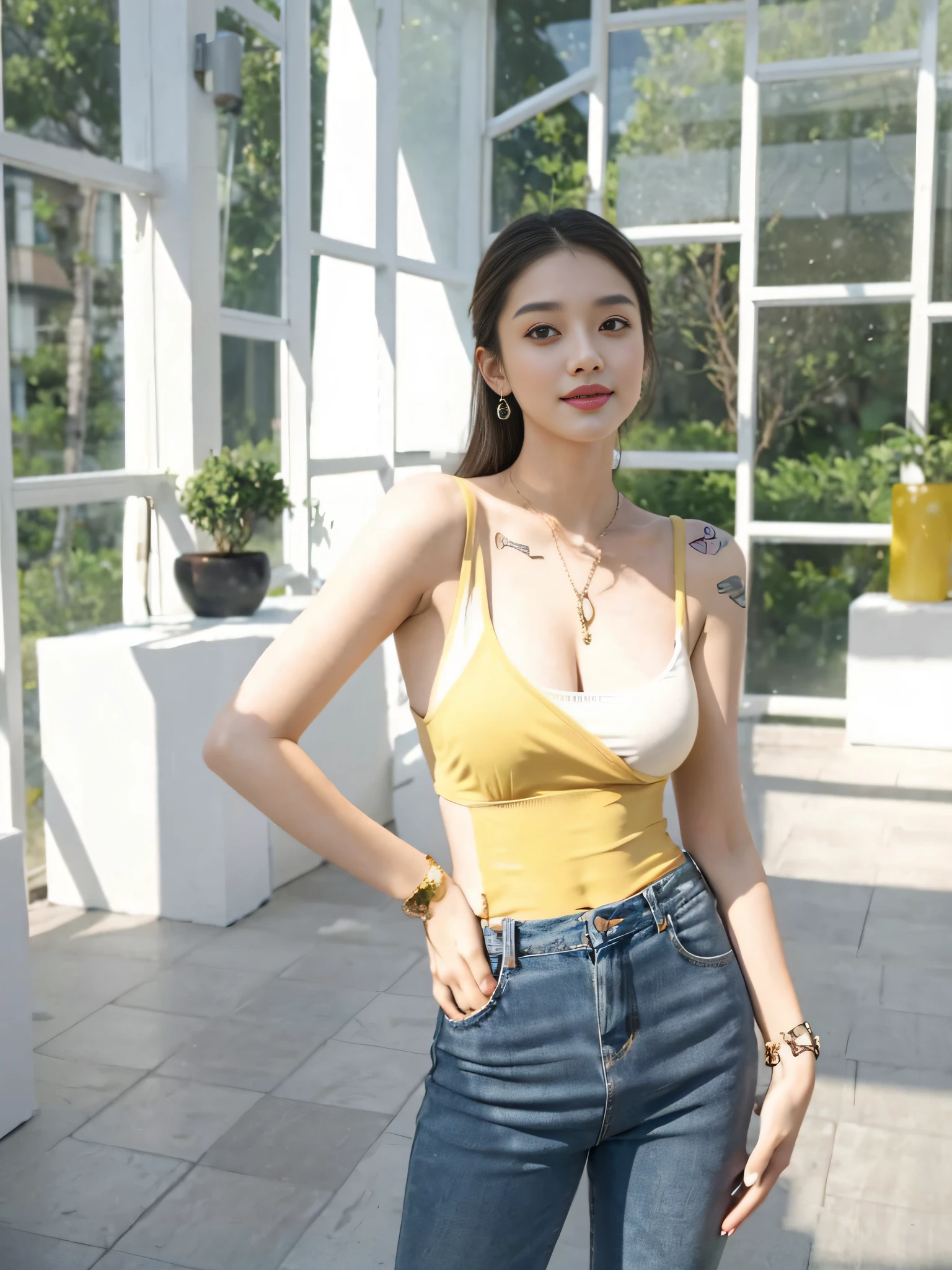 (8k, RAW photo, best quality, masterpiece:1.2), (realistic, photo-realistic:1.4), ultra-detailed, (Kpop idol),perfect detail , looking at viewer,make up, Jessica Marie Alba,
huge breast, cleavage, smile, see through, ,
,araffed woman in a yellow top and jeans posing for a picture, open v chest clothes, photo of slim girl model, wearing a low cut tanktop, wearing tight simple clothes, wearing yellow croptop, low cut top, wearing a camisole, wearing tank top, instagram model, skinny waist and thick hips, thin bodysuit, wearing a sexy cropped top