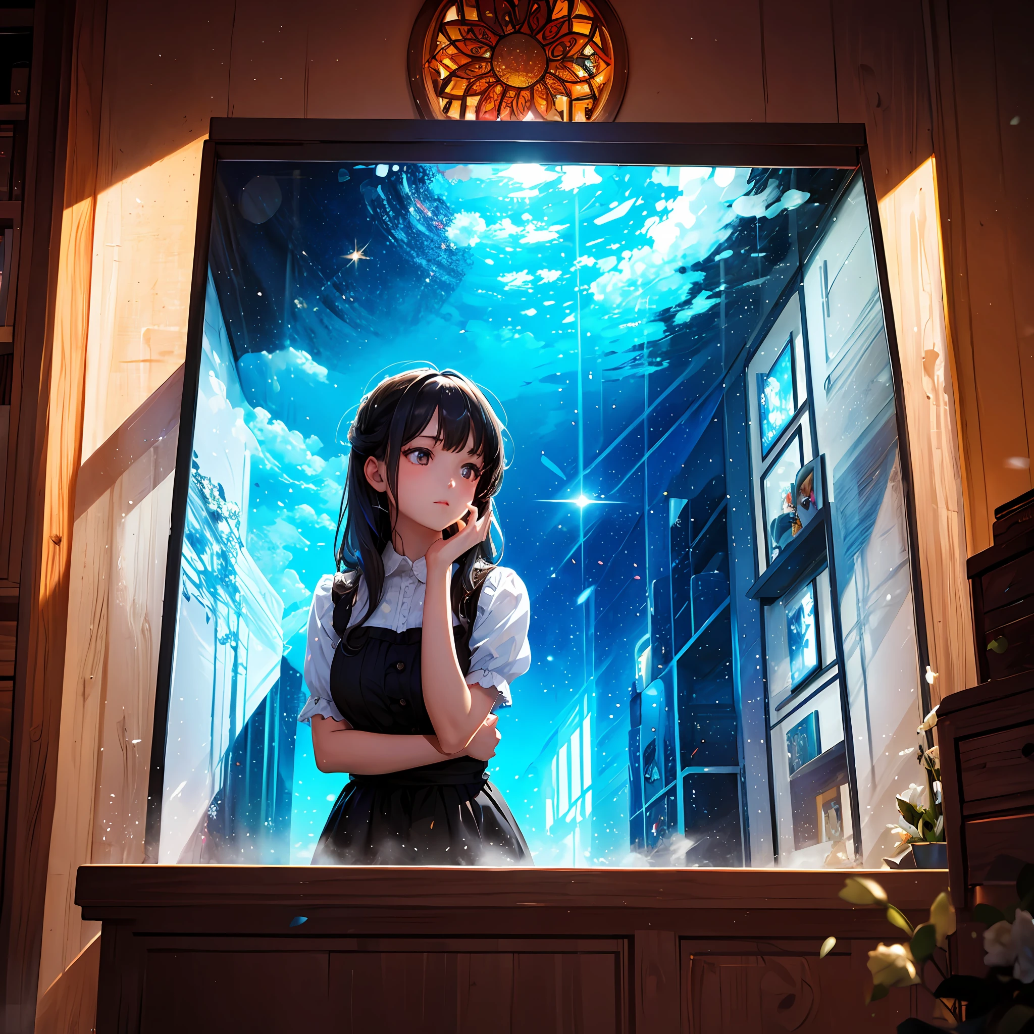 Girl, (looking away:1.2), shining eyes, sparkling, beautiful, head rest, colorful window, flower, masterpiece