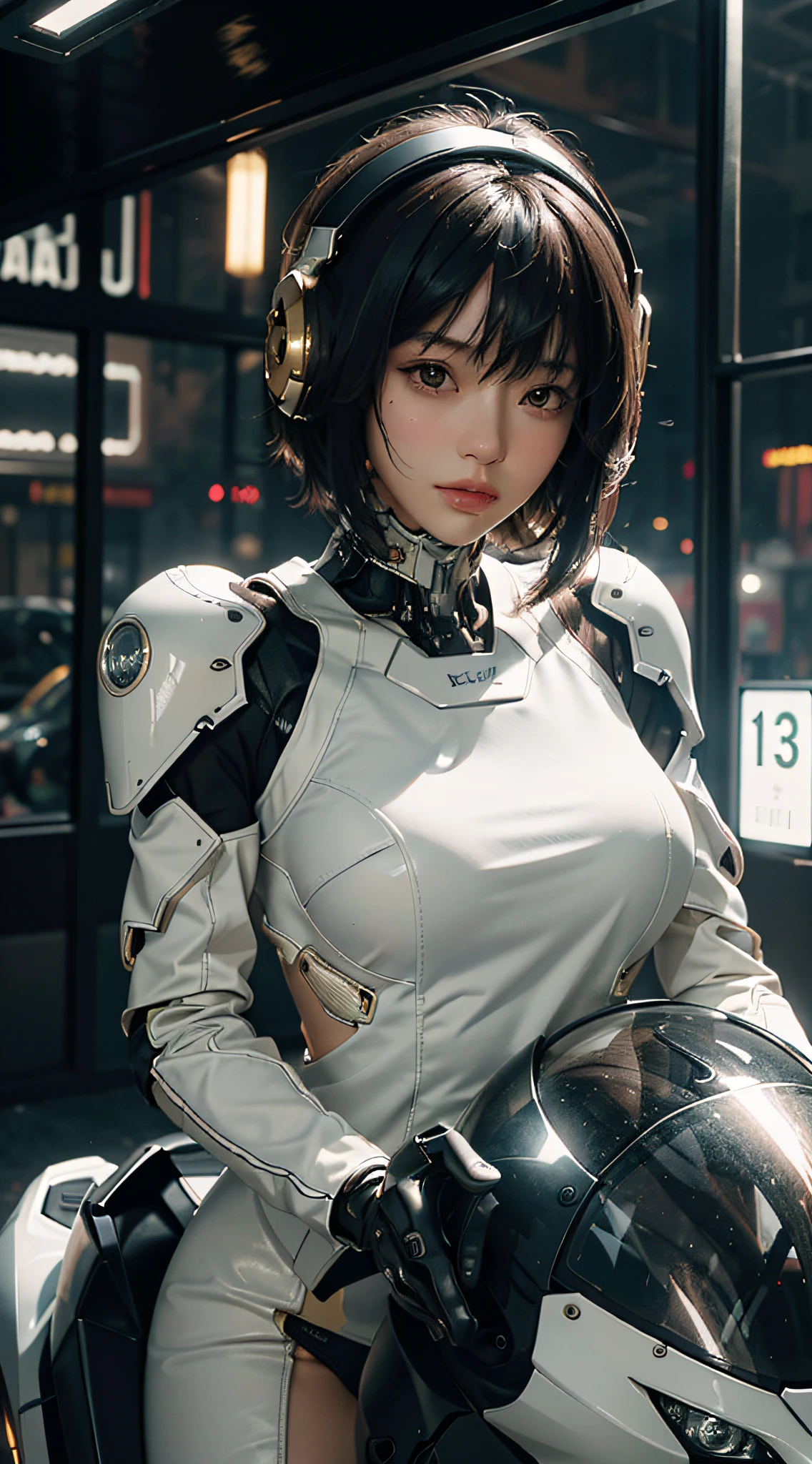 Best Picture Quality、Exceptional detail、Ultra High Res、(Realism:1.4)、Best illustration、Prefer details、Highly condensed 1 girl、Delicate and beautiful face、Dressed in black and white mechs、Wearing a mecha helmet、Has a direction controller、Riding a motorcycle、Background is a high-tech lighting scene in a futuristic city、Beautiful cybernetic girl looking at camera underwear detailed muscles realistic masterpiece、Gold Parts、bangs、Short hair。