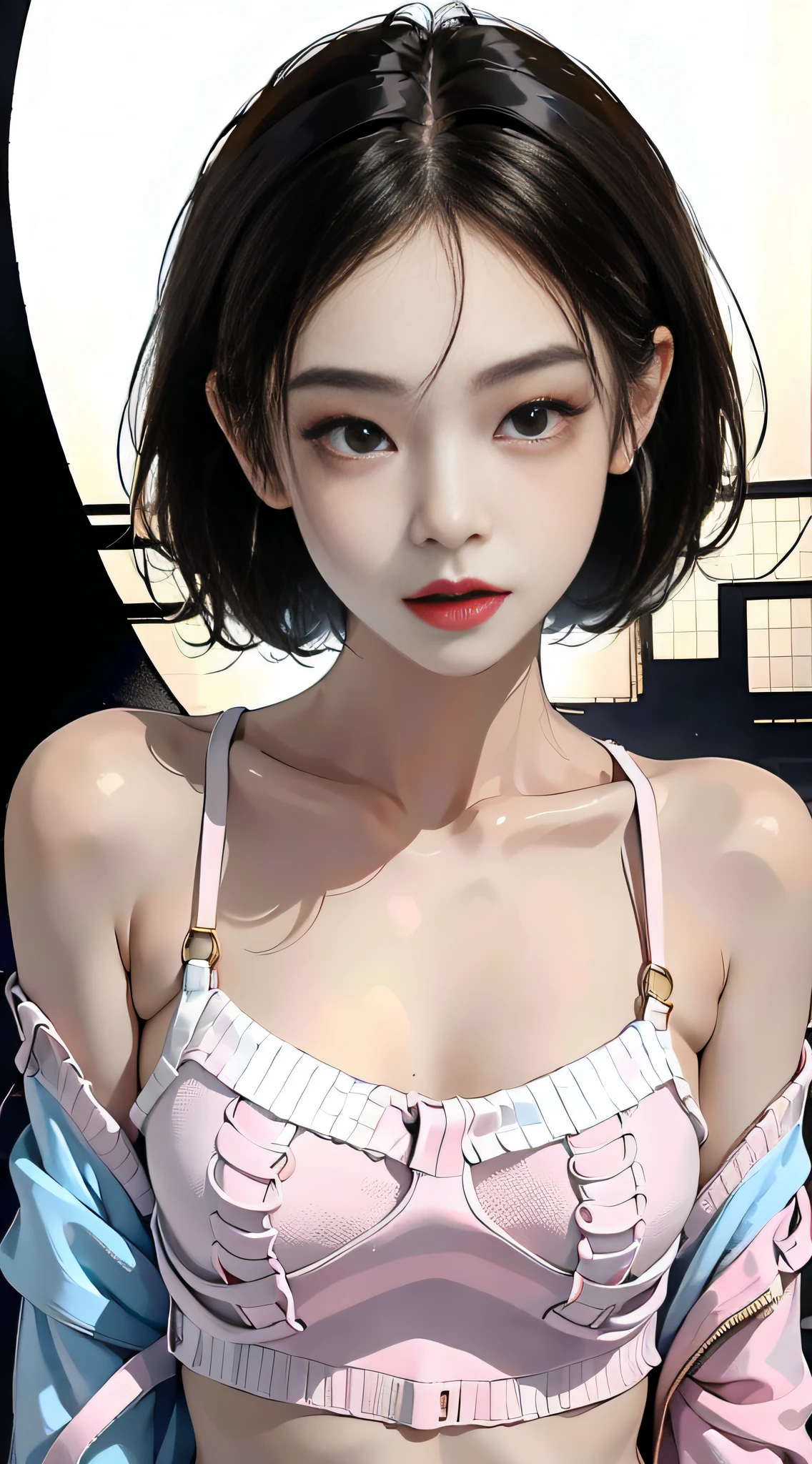 (1 girl one girl:1 girl.3 girls), solo,_Kim Ji-ni Jennie face，Wear a pink armband sweater，Short model，White bandeau inside，Pale green shorts，，sex appeal，cuteness，white legwear，White background，FULL-bodyphoto，looks at the viewer，World-weary face，Indifferent eyes，Korean style photo photo，Photographic lighting，Strong contrast，Sunlight on the face，World-weary face，Sense of premium， 8K resolution image，Intricately symmetrical details。The movements are smooth，Full picture。