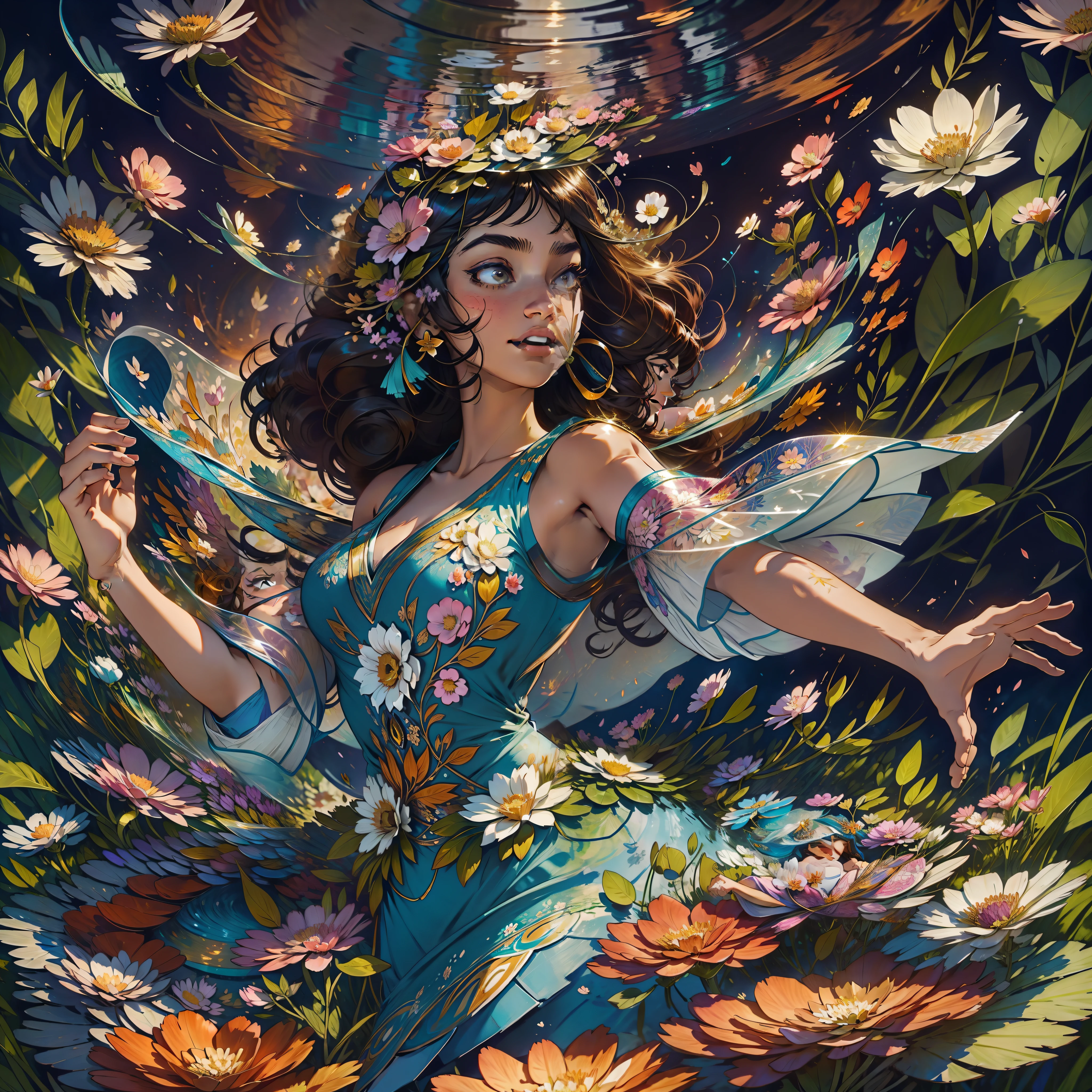 A brunette woman with wild curls is immersed in a field of radiant flowers. Each flower has petals that seem made of pure energy, emitindo uma luz suave e brilhante em tons de rosa, laranja e dourado. Enquanto ela caminha, as flores seguem seus passos, levitating around you in an enchanted dance. His presence radiates an aura of serenity, filling the environment with a sense of peace and transcendental joy.