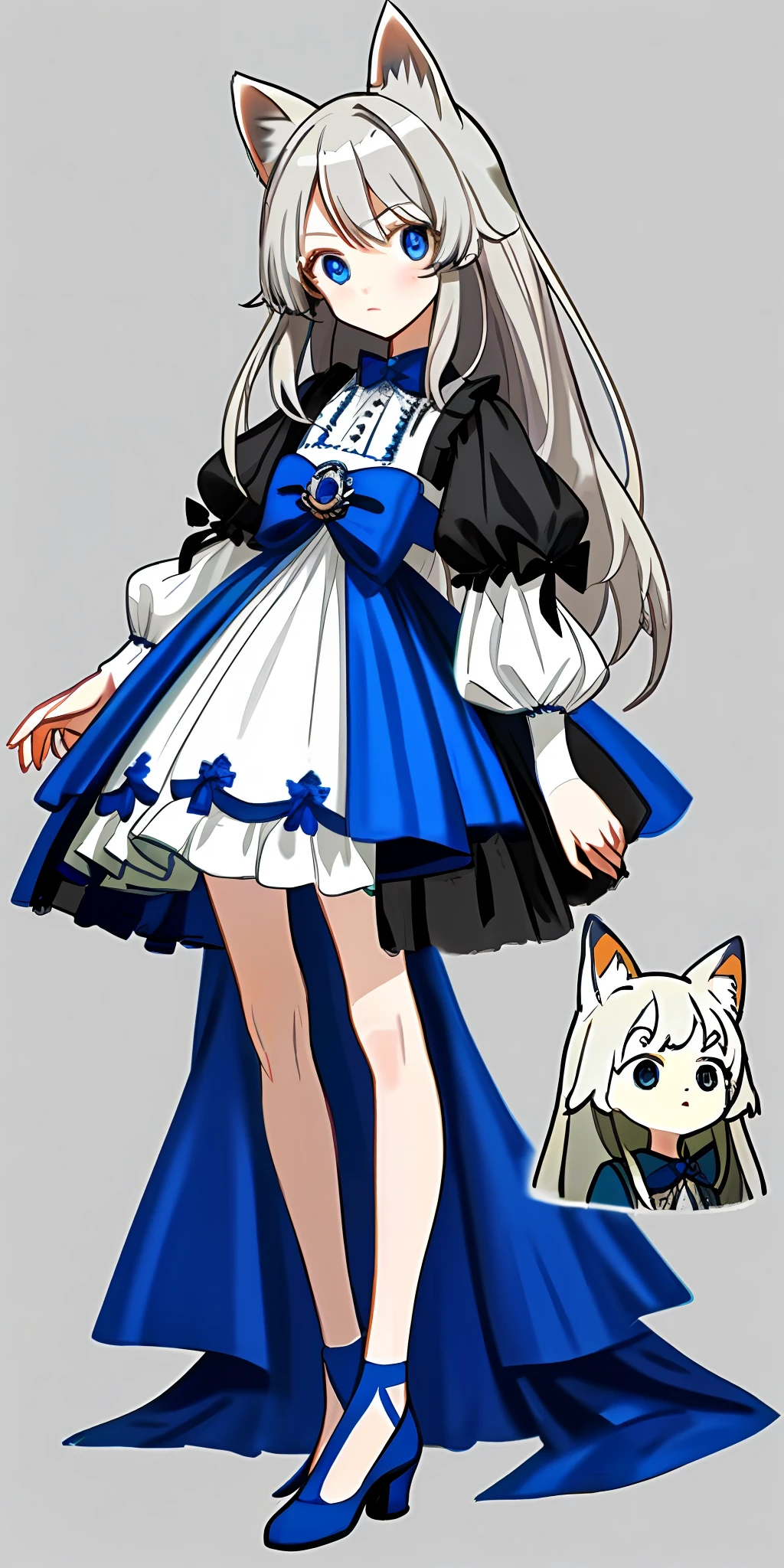charturnerv2For1_5, Multiple views of the same character wearing the same outfit, The role of a girl in a gorgeous dress changes, of the best quality, complicated detail, 1girl, White hair, Blue Eyes, shiny eyes, long hair, Blue highlight, Dog ears, Lop ears, naked leg, Bow hair ornament,(Simple background,Grey background:1.3)