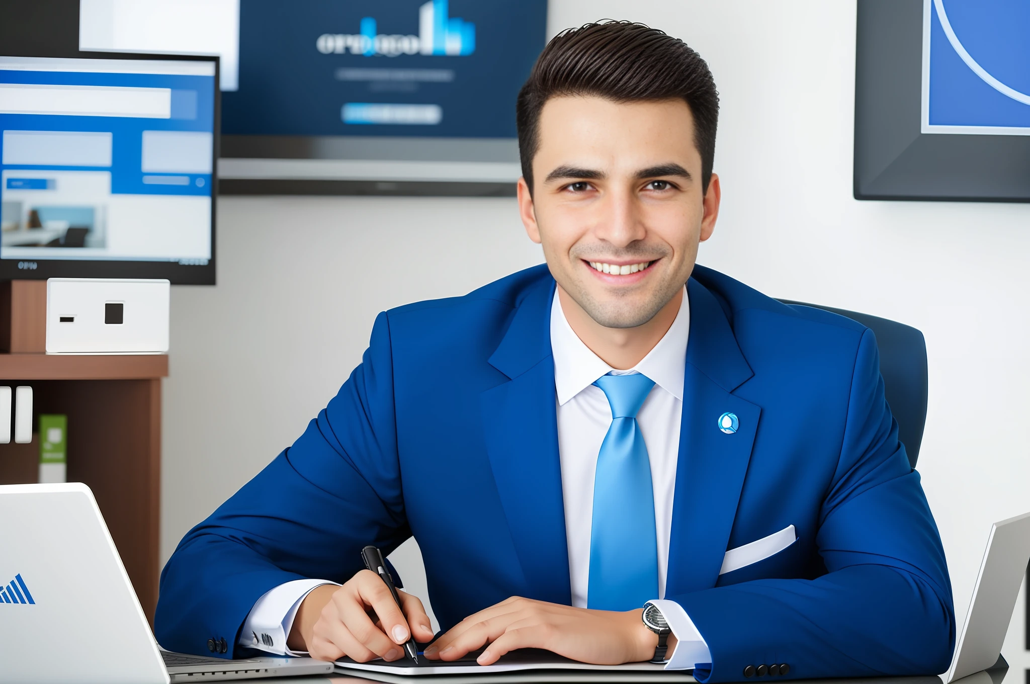 smiling man in blue suit sitting at desk with laptop and papers, foto de perfil profissional, foto de perfil profissional, imagem profissional, retrato corporativo, Retrato Corporativo, Foto profissional detalhada, amazing professional picture, retrato profissional, retrato corporativo profissional, foto profissional bem iluminada, foto de marketing, retrato profissional hd, imagem profissional, arte profissional, imagem do avatar, foto corporativa, professional headshot