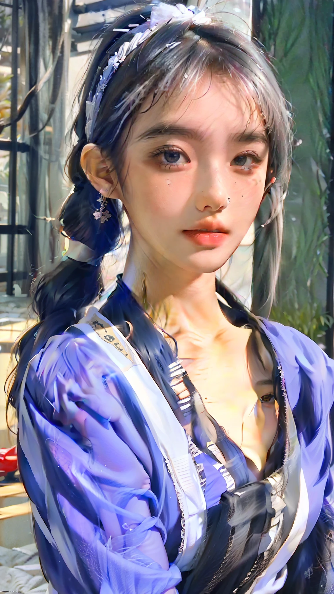 (best quality, masterpiece:1.2), ultra high res, realistic, front lighting, intricate detail, Exquisite details and textures, 1girl, solo ,(young), face highlight, upper body, detailed face, tear mole, white skin, silver hair, ponytail, braid hair, looking at viewer, big eyes, silk robe, (hollow pattern, white, silk), earrings, small breasts, slim body, luxury room, professional lighting, photon mapping, radiosity, physically-based rendering,