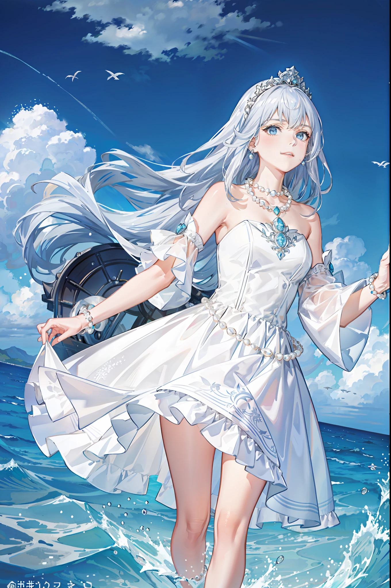 ((Best picture quality, best, girl), (dress, white crown, necklace, pearls, accessories AND intricate details strapless), (one person, ocean, waves, sea, fish, boat#on board), ((blue Color: 1.3, sea blue, long hair, blue eyes): 1.2), headgear: 1.2, neon mystery, fantasy: 0.8, [movie lens, strong light and shadow: 1.2, glow effect])]