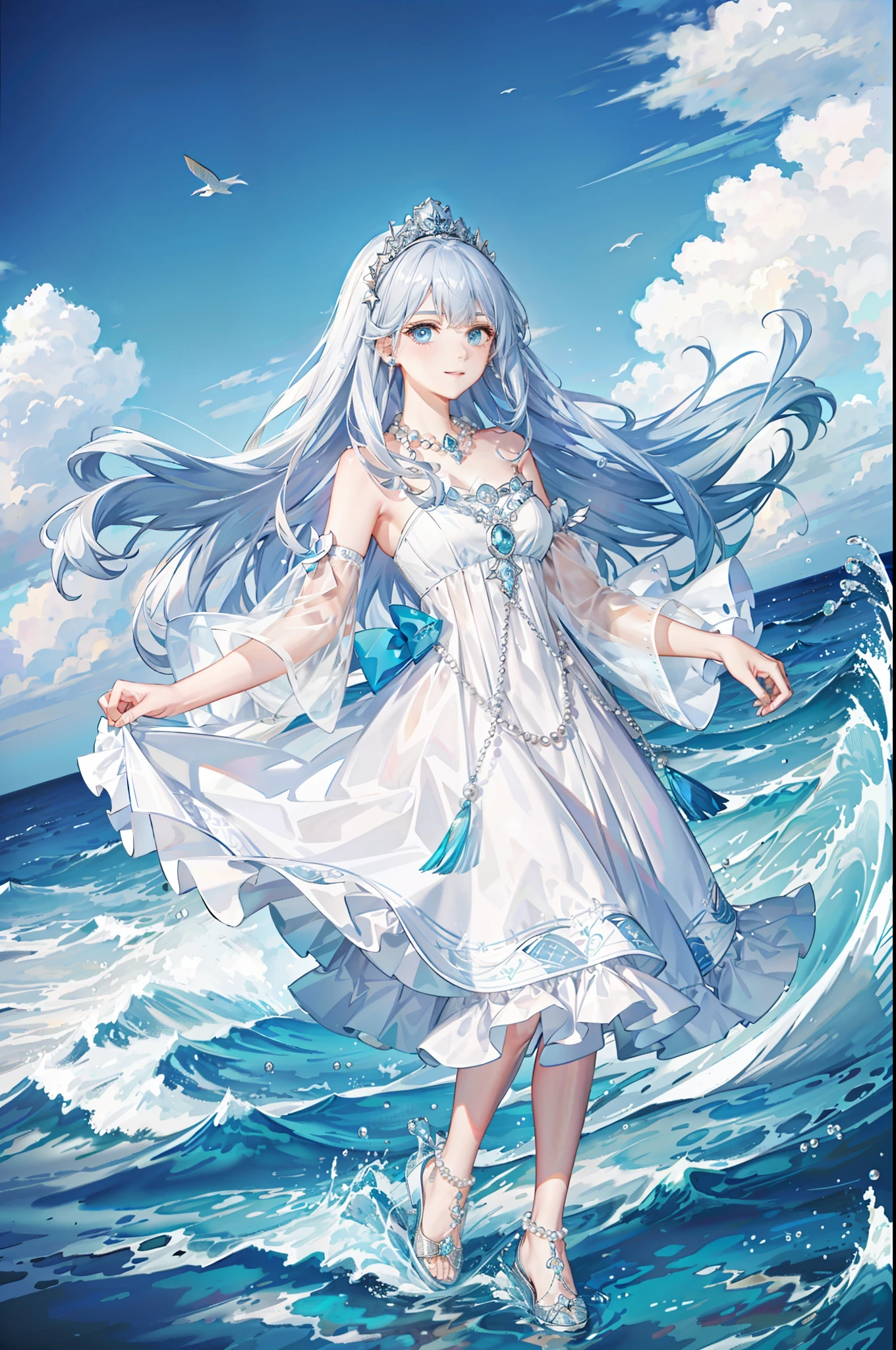 ((Best picture quality, best, girl), (dress, white crown, necklace, pearls, accessories AND intricate details strapless), (one person, ocean, waves, sea, fish, boat#on board), ((blue Color: 1.3, sea blue, long hair, blue eyes): 1.2), headgear: 1.2, neon mystery, fantasy: 0.8, [movie lens, strong light and shadow: 1.2, glow effect])]