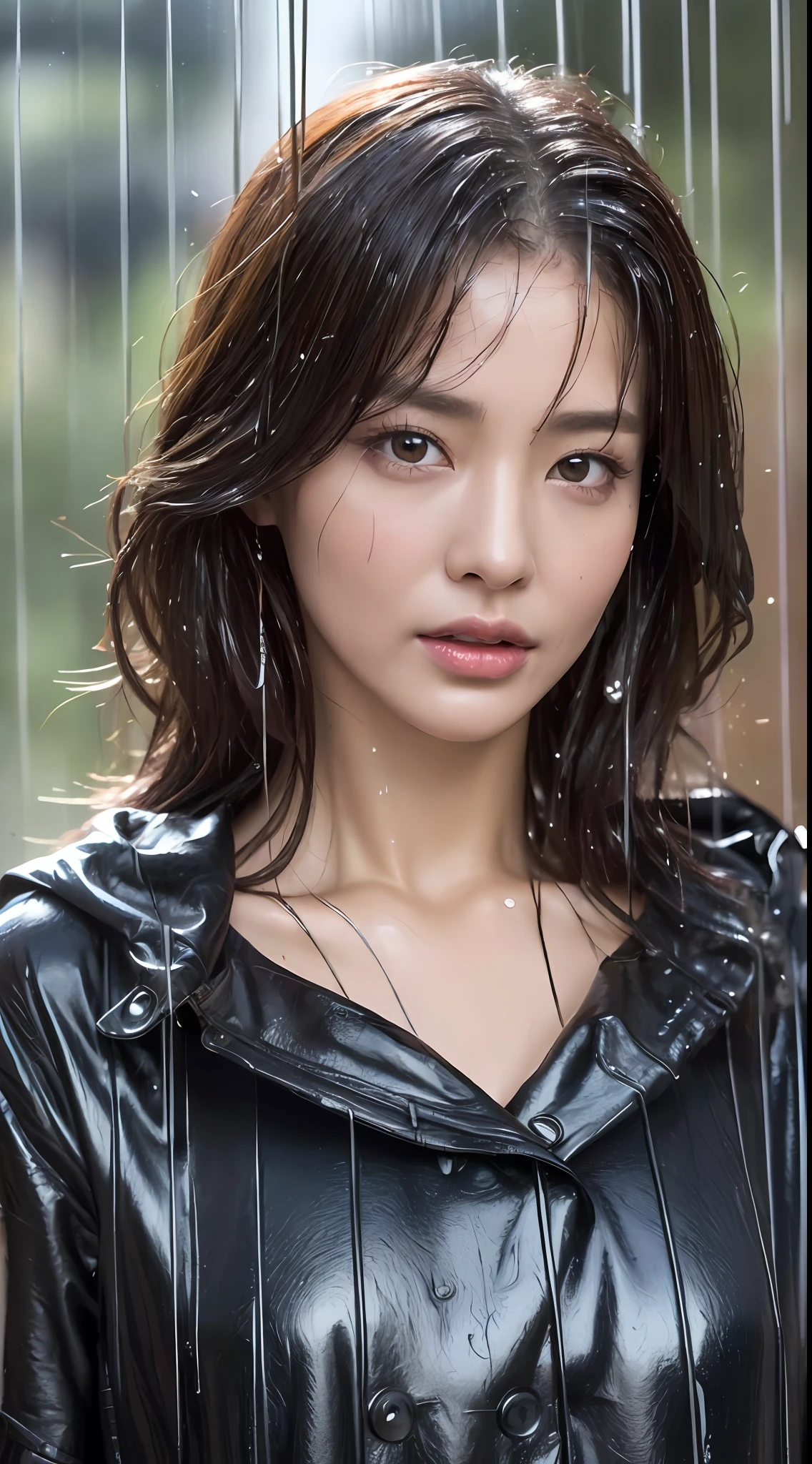 (BEST QUALITY、8k、A Masterpiece:1.3)、beautiful a woman、1 Mature woman、(s chest、Attractive body:1.2)、abdominal muscles:1.1、Dark Brown Hair:1.1、(rainy wet、Wet in the rain、Wet body:1.2)、ultrahigh-Detailed face、detailed lips、detailed eye、Double eyelidd
