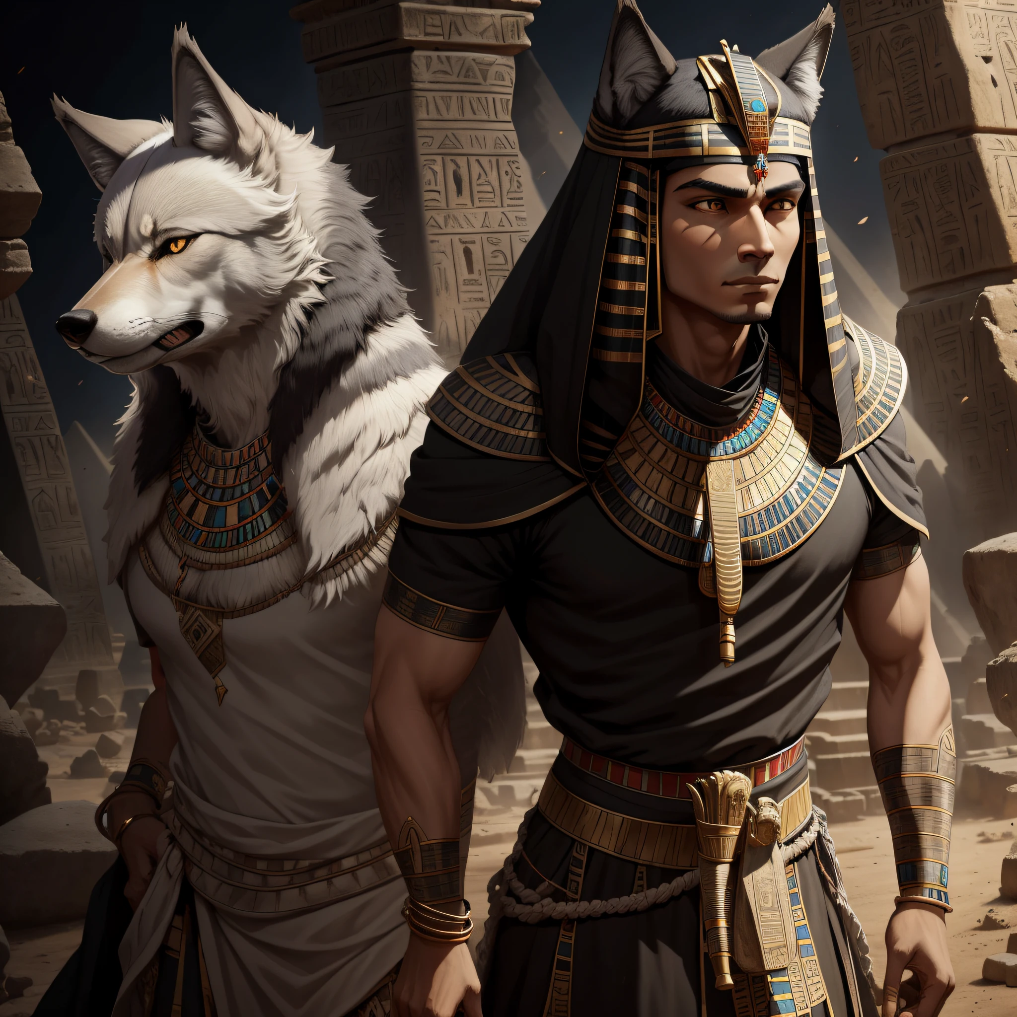 wolf, ebonly black and ash grey, egyption bands and necklace, looking regal and deadly, a giant fissure in the ground, masterpiece, best quality, ((In ancient egyptian style))