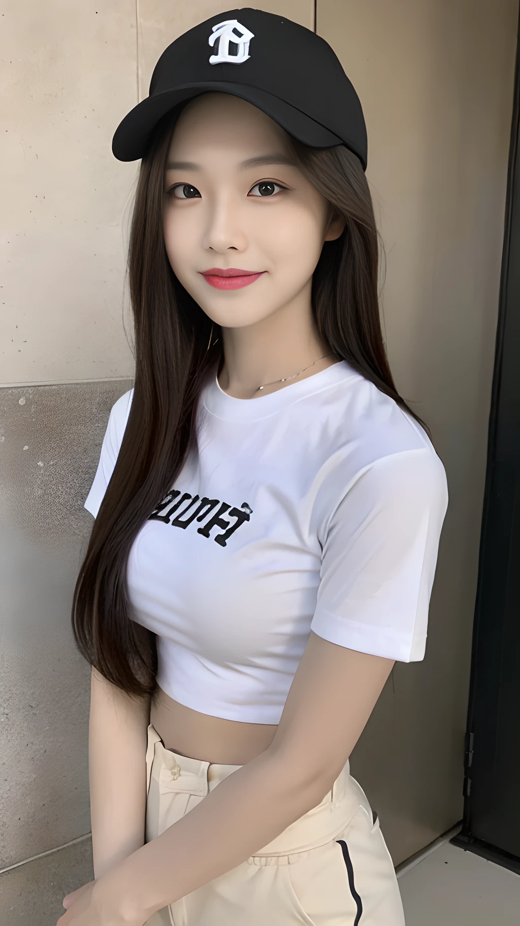 ((Best Quality, 8K, Masterpiece: 1.3)), (Baseball Cap: 1.3), Focus: 1.2, Perfect Body Beauty: 1.4, Buttocks: 1.2, (Layered Haircut: 1.2), (Dark Street: 1.3), Highly Detailed Face and Skin Texture, Full Body, Fine Eyes, Double Eyelids, Whitened Skin, Long Hair, (Round Face: 1.5), (Short Sleeves, Shorts: 1.6). smile