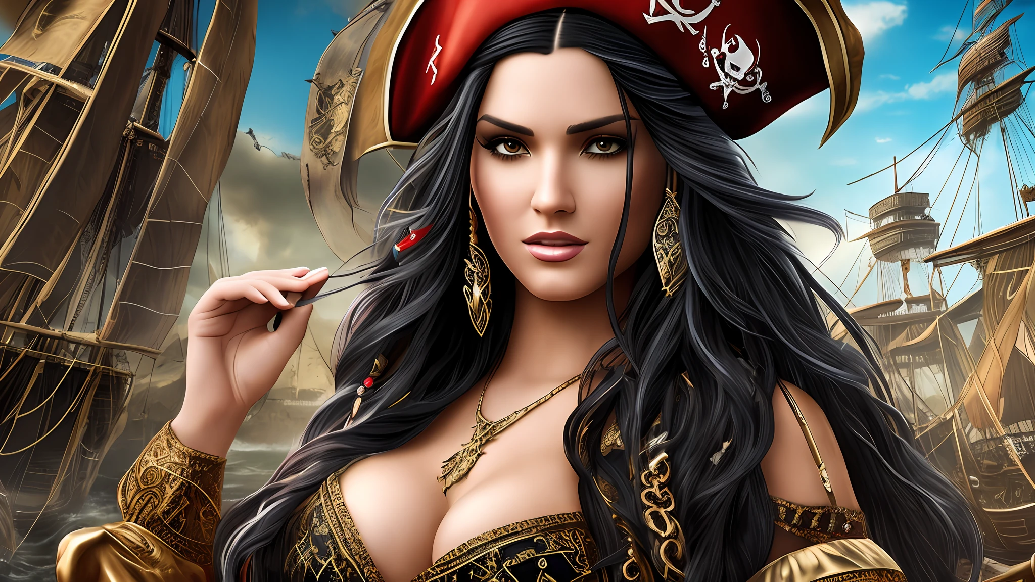beautiful and sexy woman with long black hair, dressed in pirate outfit, realistic skin texture, realistic photo, pirate city background, --auto --s2