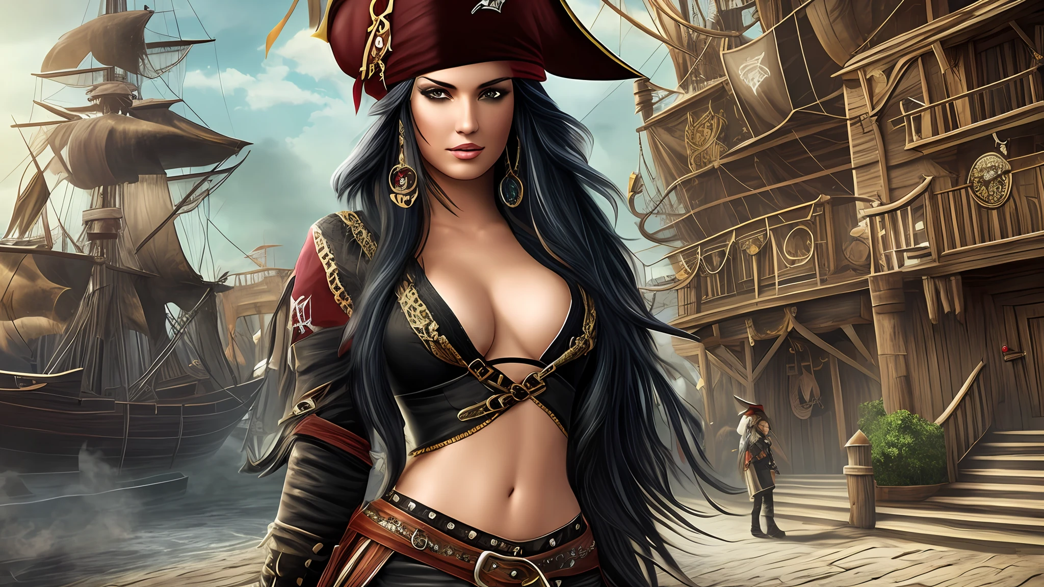 beautiful and sexy woman with long black hair, dressed in pirate outfit, realistic skin texture, realistic photo, pirate city background, --auto --s2