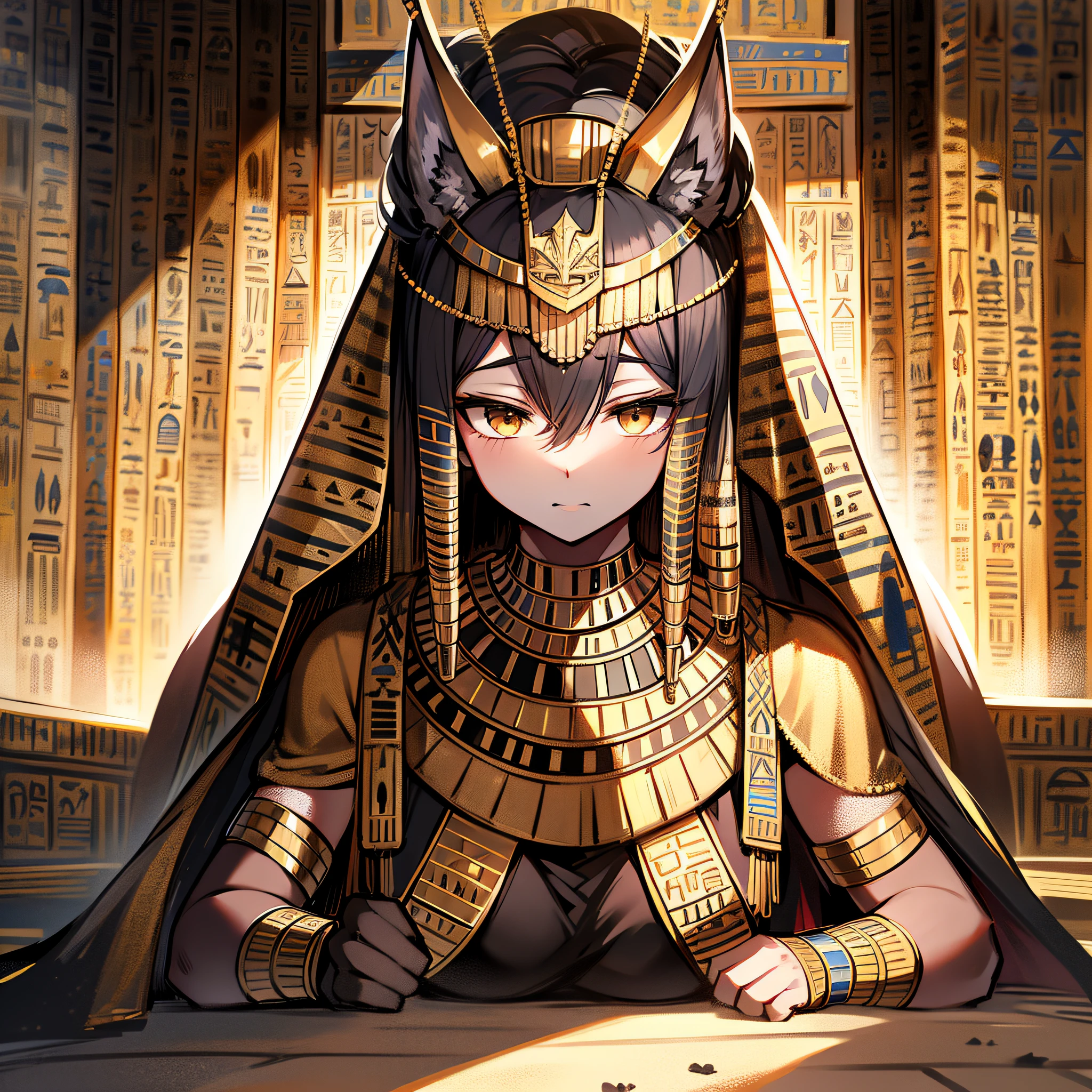 wolf, ebonly black and ash grey, egyption bands and necklace, looking regal and deadly, a giant fissure in the ground, masterpiece, best quality, ((In ancient egyptian style))