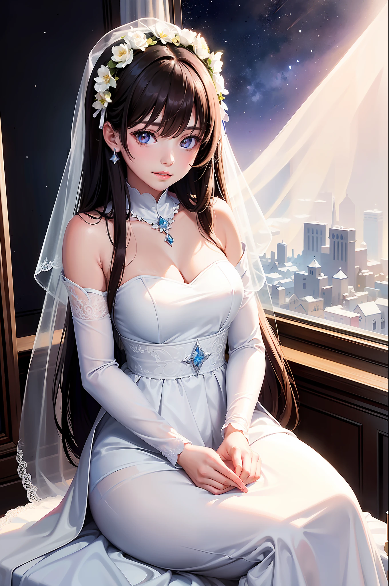 (A masterpie, bestquality, Highest grade, Official Art, aesthetic:1.2), (1girl:1.3), Straight long hair, brown Hair, Very fine, portrait, Watching the viewer, Seul, (fulllllbody:0.6), detailed background, crose up, Luminous eyes, Pale pink lips, soft lips, (Cold Arctic Winter theme:1. 1), wedding dress, bride, Beautiful smile, Mysterious, sitting in chair, White romantic long dress,Colorful bouquets of flowers, Jewelry curtain on background, Dark mystical lighting, shadows, Petals flutter, Starry Night, dutch angle