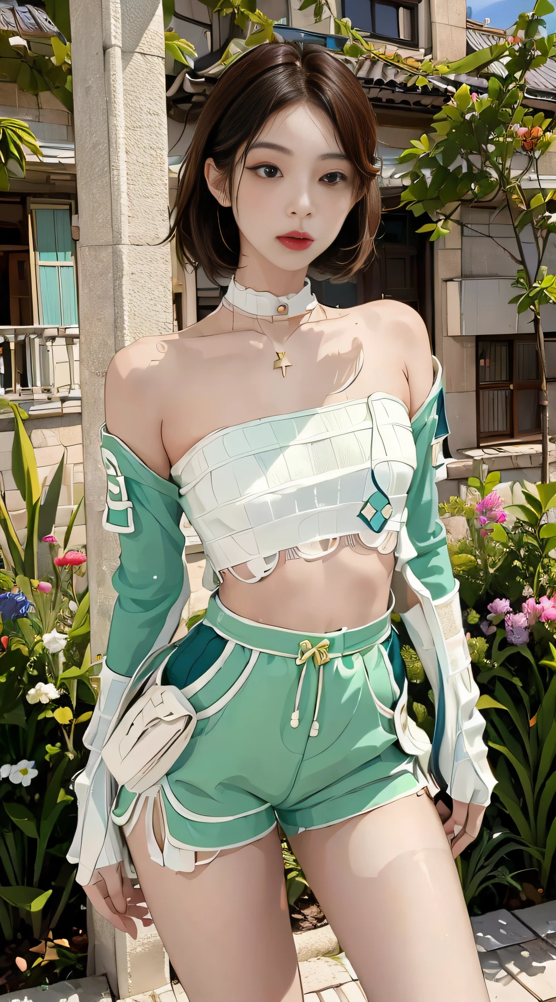 (1girl:1.3), Solo, _ Kim Ji-ni Jennie face, wearing a light green armband sweater, cropped style, white bandeau underneath, light green shorts, sexy, cute, white socks, background campus, full body photo, looking at the audience, world-weary face, cold eyes, Korean style photo photos, photographic lighting, strong contrast, sunlight on the face, world-weary face, high-end sense, 8k resolution image, intricate symmetrical details. Smooth action, full picture.