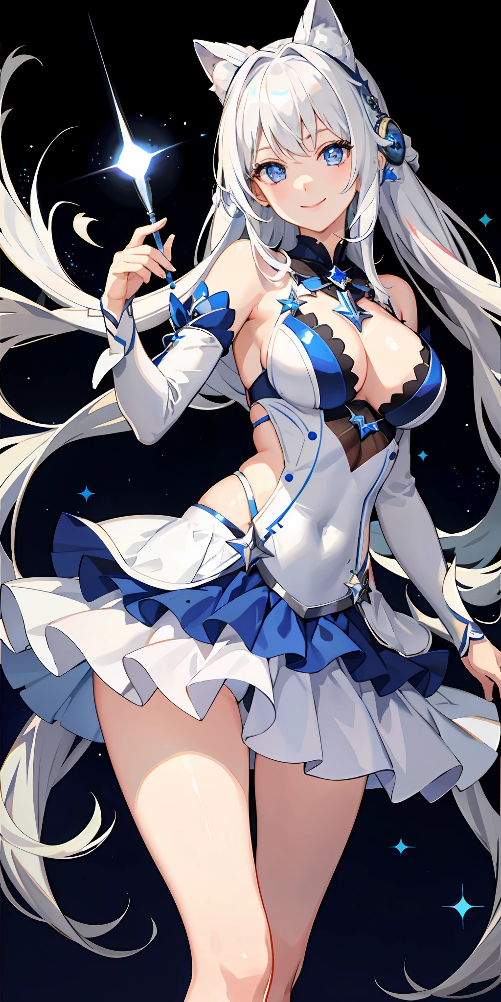 a 1girl、Bright、Silver-white haired、Star motif、multicoloured hair、Blue eyes、Sareme、Mask on the head、Sidelight、Particles of light、wallpapers、Big Boobs、Idol、bswimsuit、Loose fluffy、quiet、smiling smile