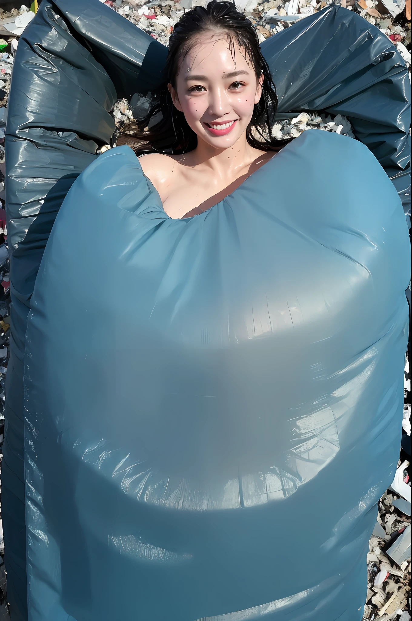 (8k), (best quality), (masterpiece:1.2), (realistic), (photorealistic:1.2), 2 women, smile, ultra-detailed, woman group, naked on the (light blue garbage bag:1.5), lingerie, skimpy, collarbone, sexy, (champagne fight, wet:1.4)