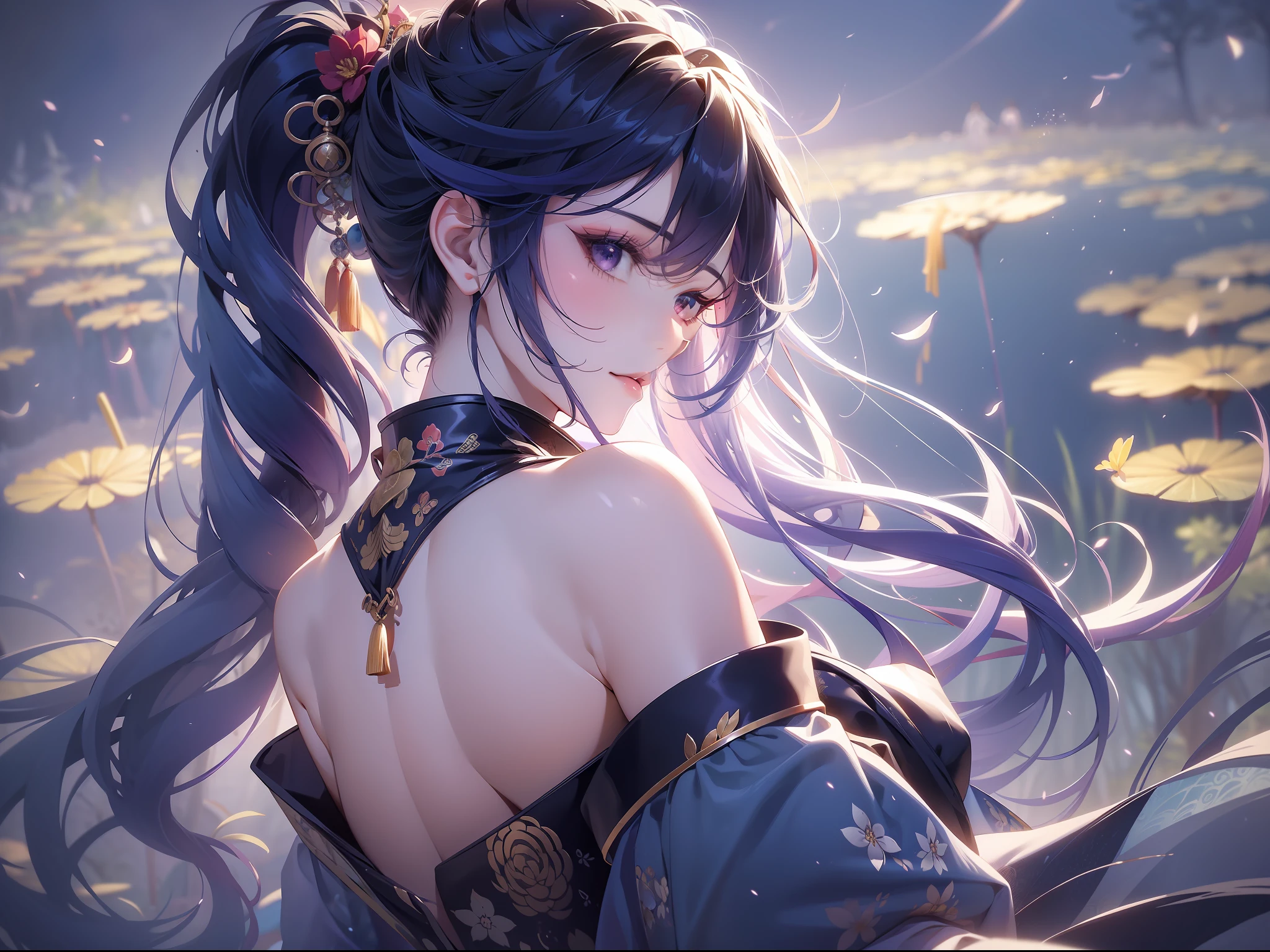 solo, beautiful female, wuxiaworld, Ancient Chinese Articles of Clothing, ancient customs, wind blow, blossom, pond, night, moon relection in the pond, blue hair, purple hair, ponytail, long hair, lonely, gradient hair, black hair, silver hair, long hair, ray tracing, reflection light, depth of field, from behind, panorama, masterpiece, best quality, high details, high quality, ccurate, textured skin, UHD