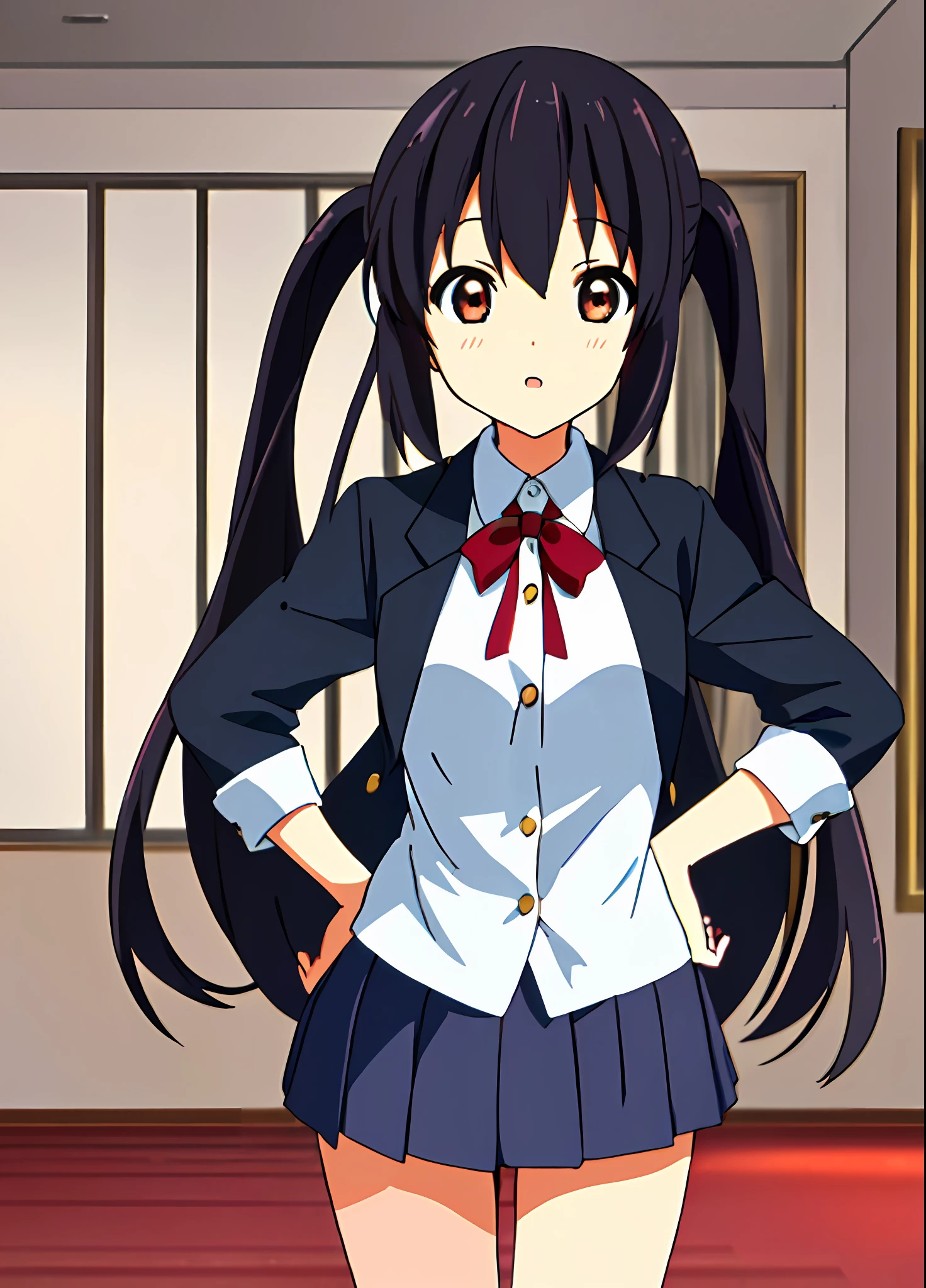 1girl, ((((Masterpiece))), Best Quality, Best Quality, High Detail, Azusa Nakano, 1girl, Sakuragaoka High School Uniform, Musical Instrument, School Uniform, Twin Tails, Long Hair, Black Hair, Brown Eyes, Solo, Red, Dark blue blazer with a thin ribbon of red, Solid white button shirt under blazer, Illustration, Cartoon, Soothing tones, Muted colors, Soft cinematic light, Adobe Lightroom, Photo Lab, HDR, complex and highly detailed, (((depth of field))))). (((Masterpiece))). (((highest quality))).) ((super detail))). (((Illustration))). (((Indoor))). (((hands on hips)))). Breasts,(((room))).dynamic focus.small breasts.