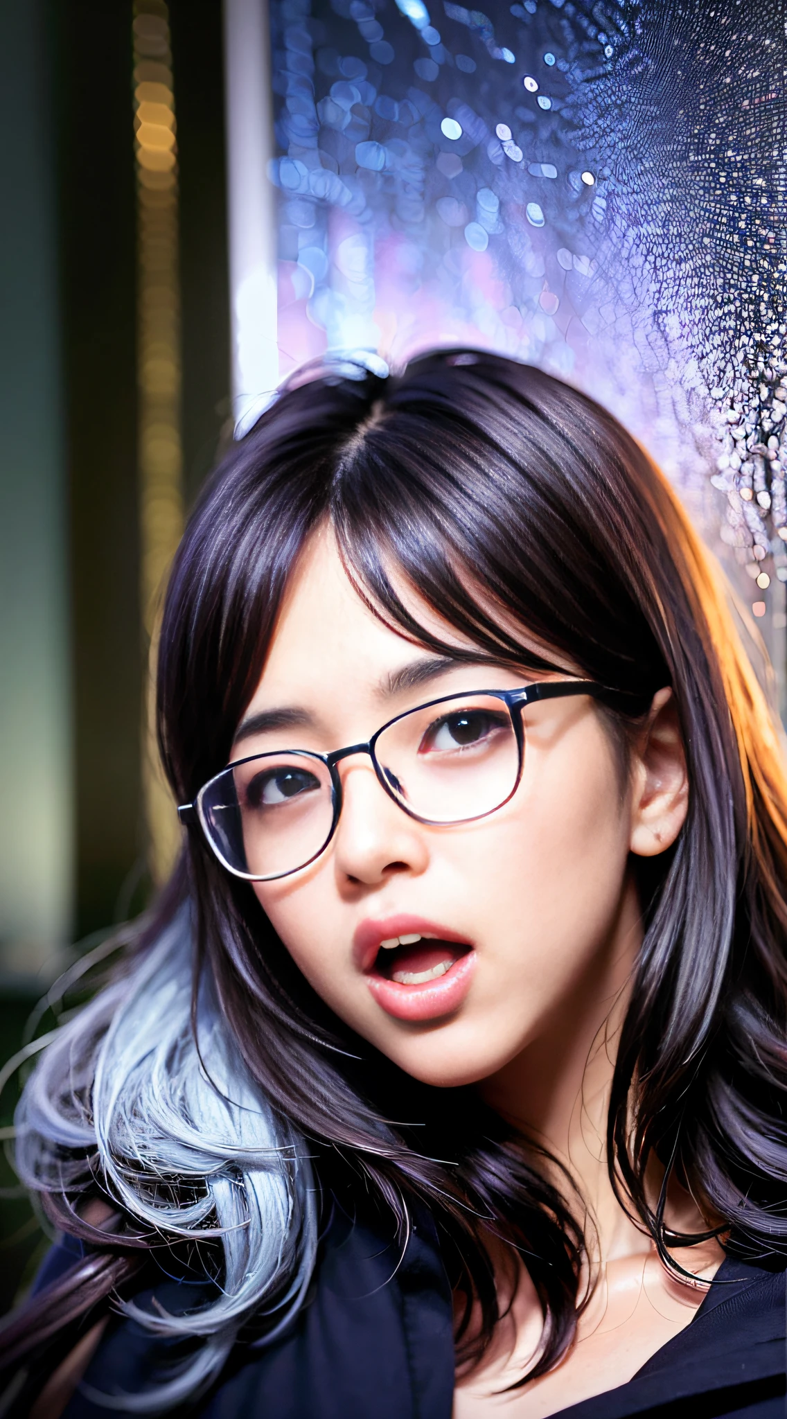 (8k, RAW photo, best quality, masterpiece:1.2), (realistic, photo-realistic:1.37), best quality, ultra high res, photon mapping, radiosity, physically-based rendering, 1girl, ((glasses)), ((hoodie)), ((sweatpants)), naughty face, cute, (laughing), (happy), (Kpop idol), (aegyo sal:1), ((puffy eyes)), looking at viewer, posing, (full body), large breasts, busty, cityscape, night, (bokeh:1.4), photographed with a nikon d850, Nikon AF-S nikkor 58mm f/1.4G lens, by Laurence Demaison, ((wink)), ((hair blown by air)) ,