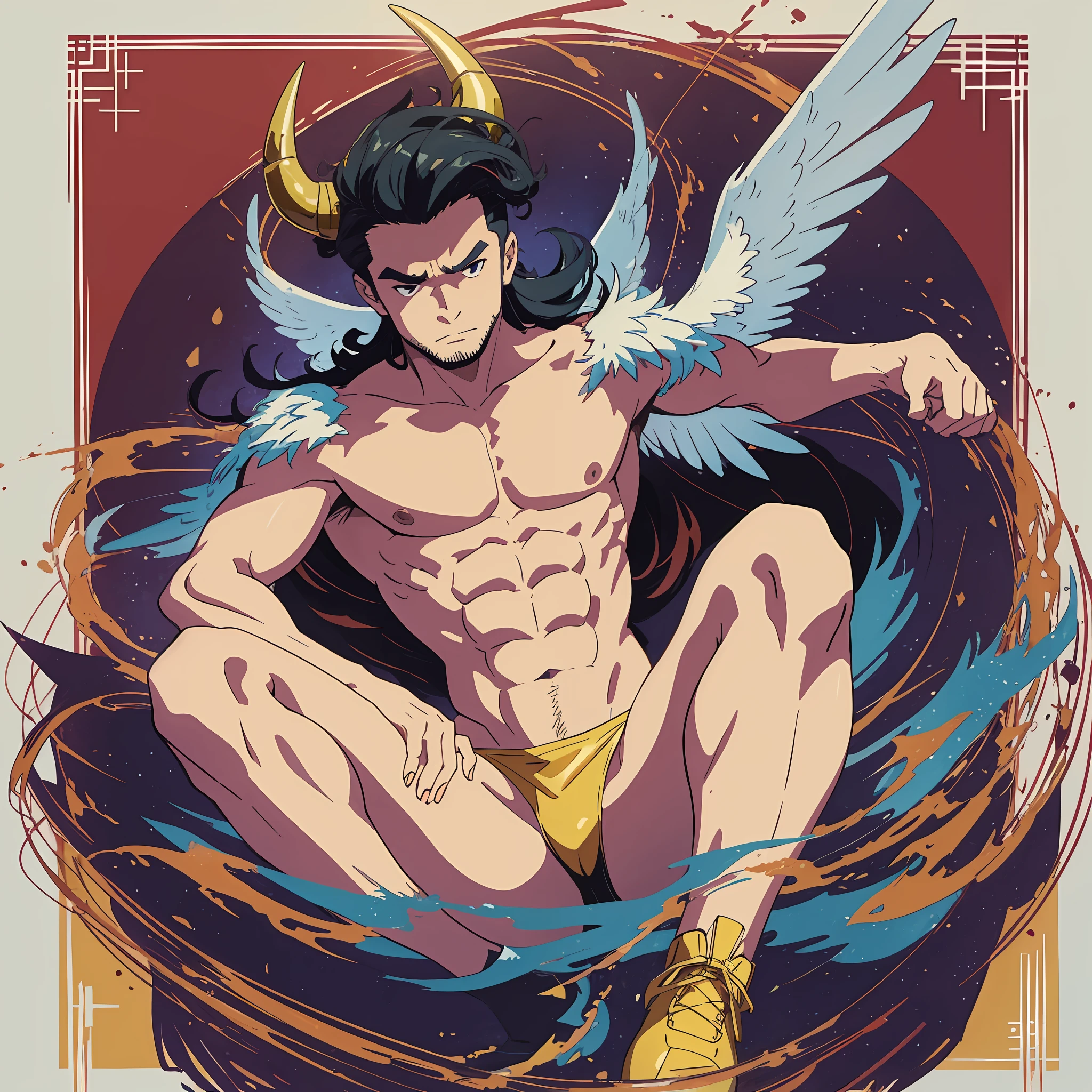 I want the image in the style of Japanese animation of the 80s , de um rapaz latino brasileiro de pele bronzeada e cabelo curto estilo undercut, ele tem bigode e olhos amarelos, with a pair of horns on his head, He is shirtless and has an athletic body with a large pectoral , a demon syrup and small white wings sticking out of the feet. Flying in a starry night sky --auto --s2